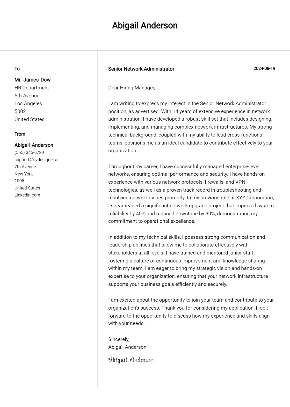 Senior Network Administrator Cover Letter Example for 2026: Ultimate Guide Preview