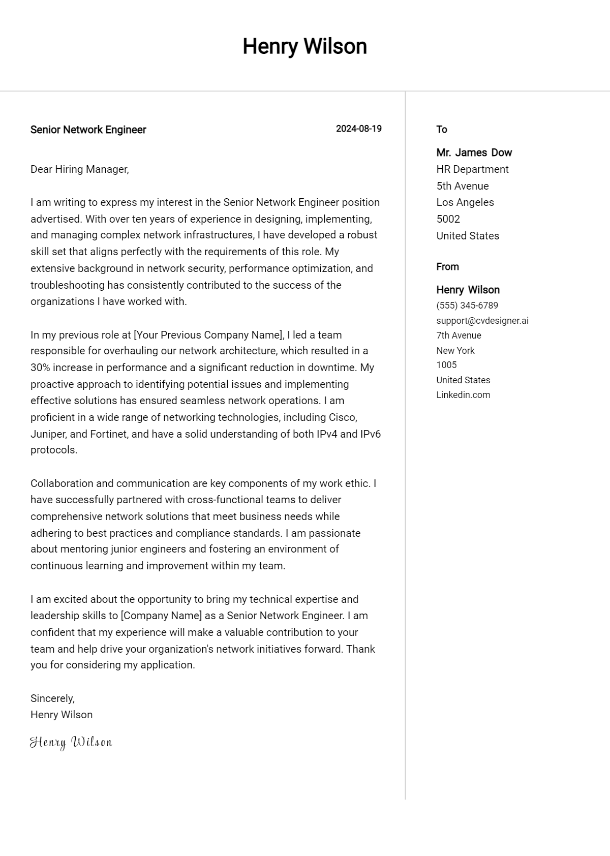 14 Senior Network Engineer Cover Letter Examples for 2026: Free Templates Preview