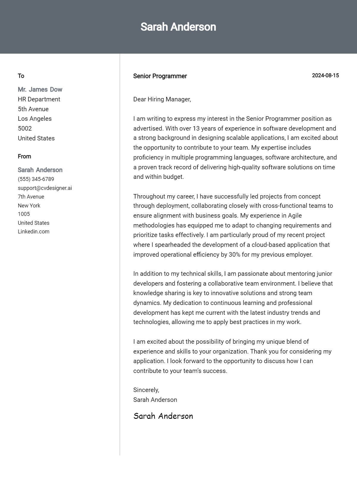 22 Senior Programmer Cover Letter Examples and Templates for 2026 Preview