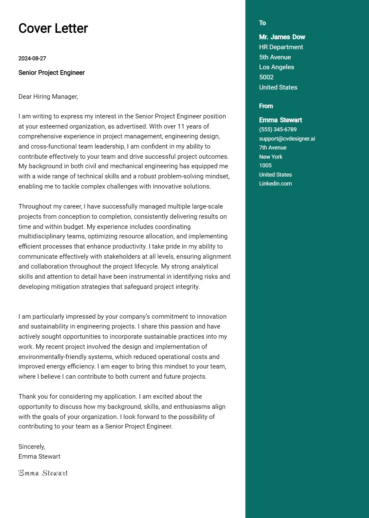 Senior Project Engineer Cover Letter Examples & Samples for 2026 Preview
