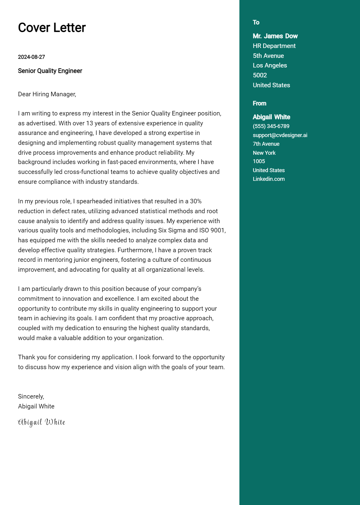 Senior Quality Engineer Cover Letter Examples with Writing Tips for 2026 Preview
