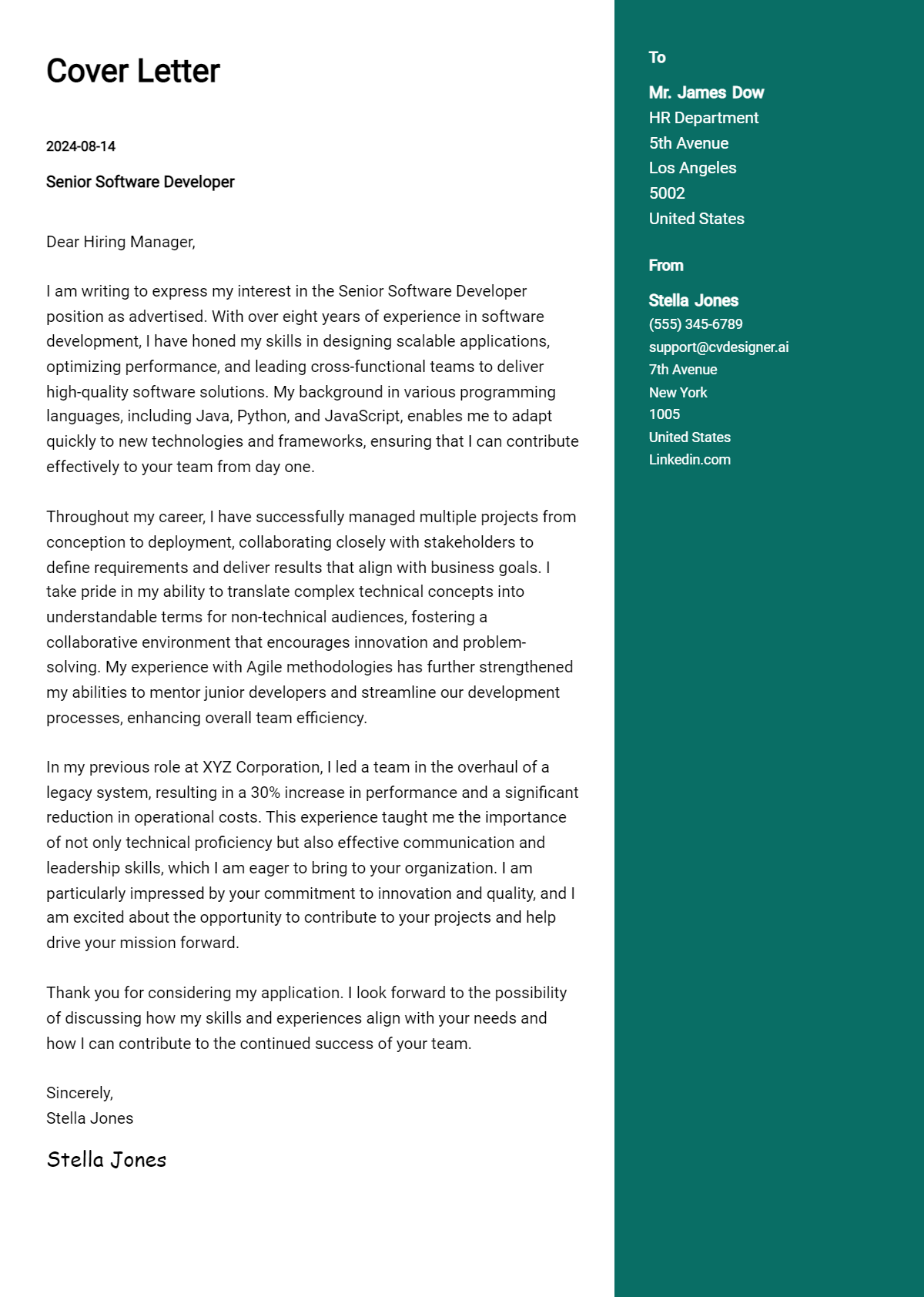 Senior Software Developer Cover Letter Examples for 2026 (Downloadable) Preview