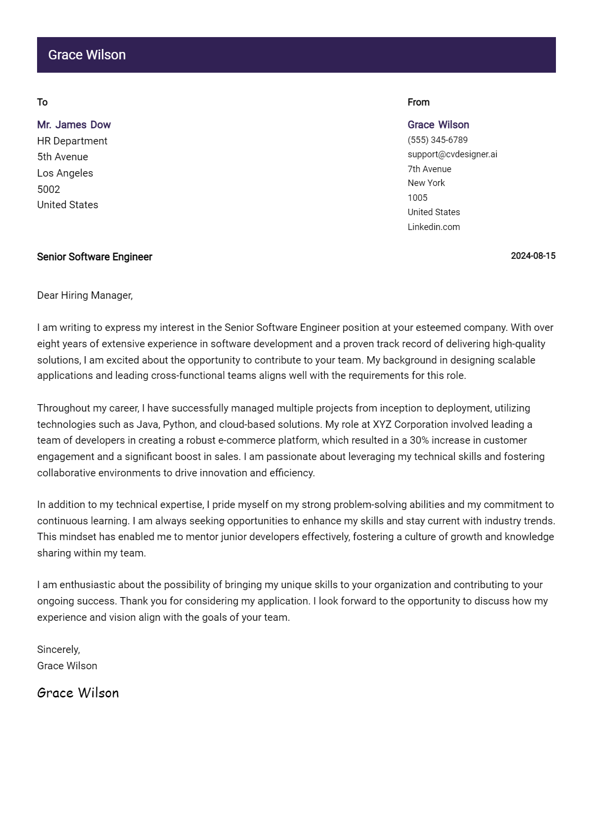 Senior Software Engineer Cover Letter Samples & Examples 2026 Preview