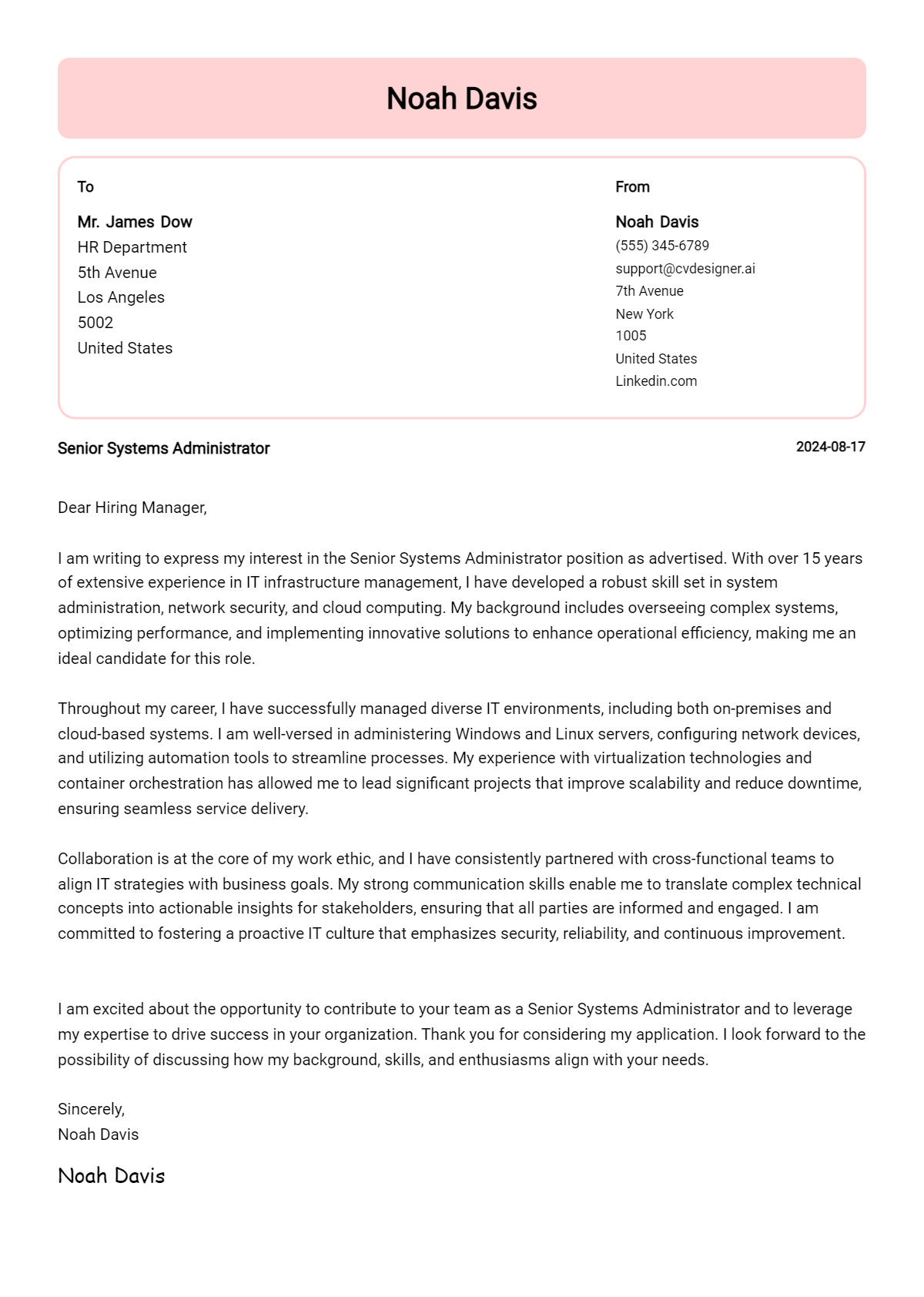 Senior Systems Administrator Cover Letter Example for 2026 (Writing Guide) Preview