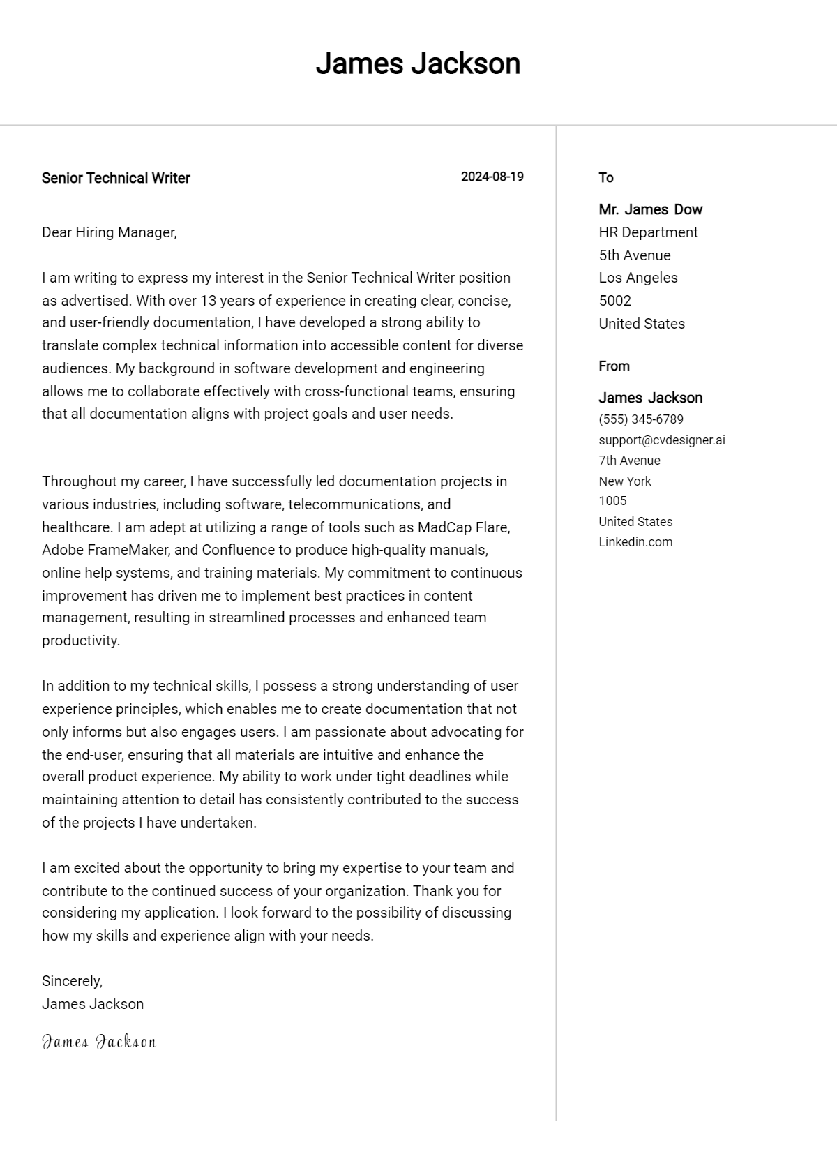 Senior Technical Writer Cover Letter Example for 2026 (Writing Guide) Preview