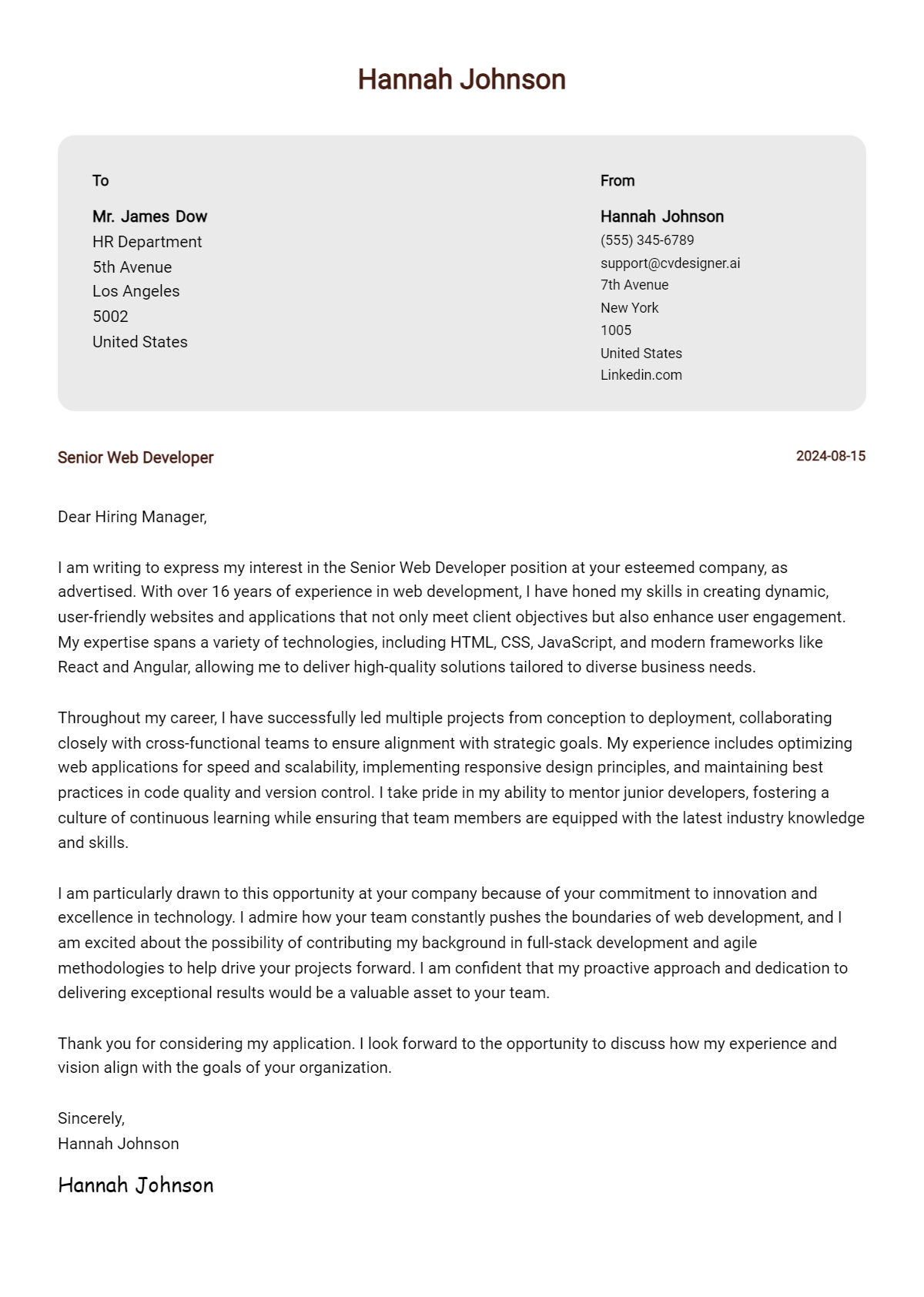 Senior Web Developer Cover Letter Examples & Samples for 2026 Preview