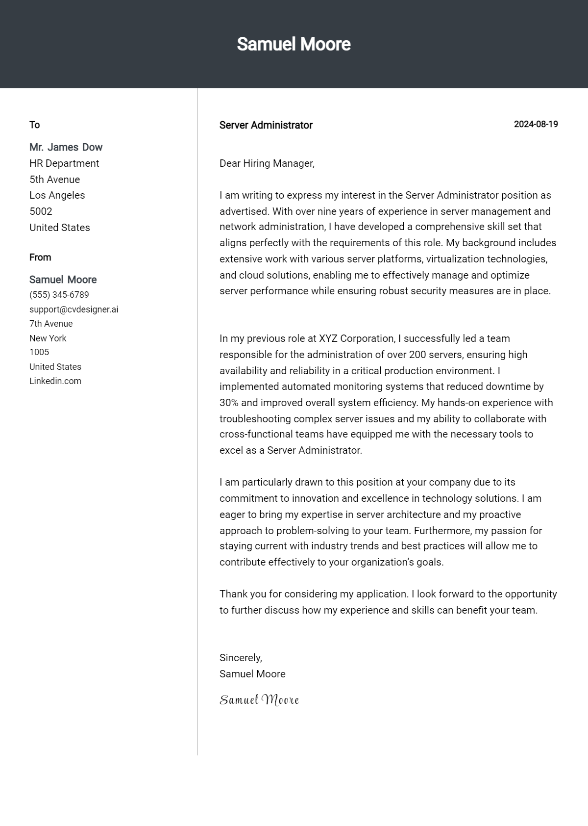 Server Administrator Cover Letter Examples & Samples for 2026 Preview