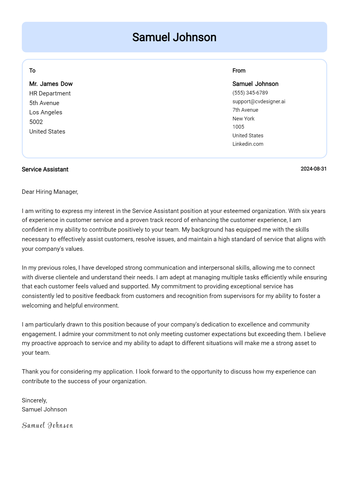 Service Assistant Cover Letter Examples for 2026 (Downloadable) Preview