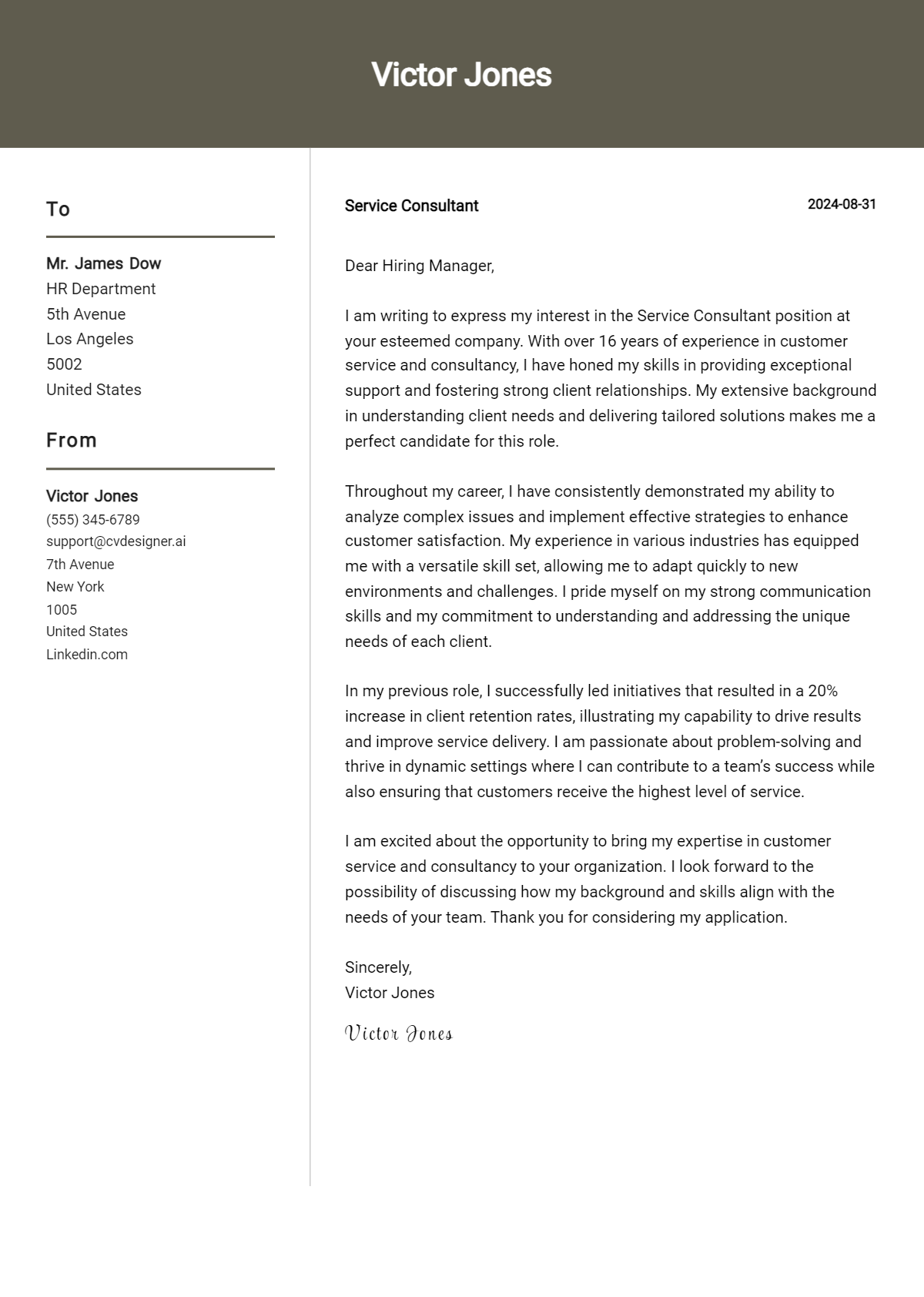 Service Consultant Cover Letter Examples & Samples for 2026 Preview