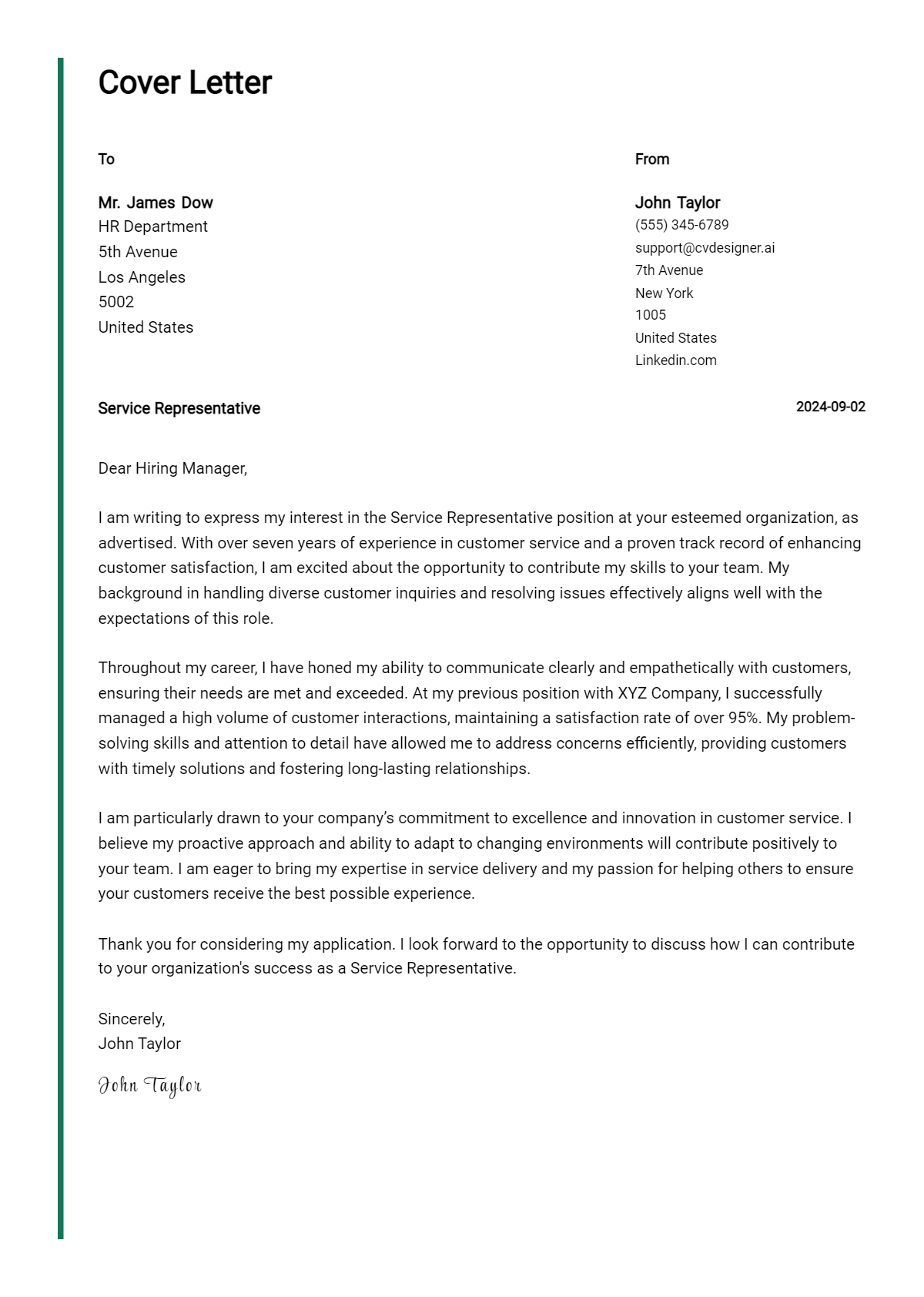 Service Representative Cover Letter Example for 2026 (Writing Guide) Preview