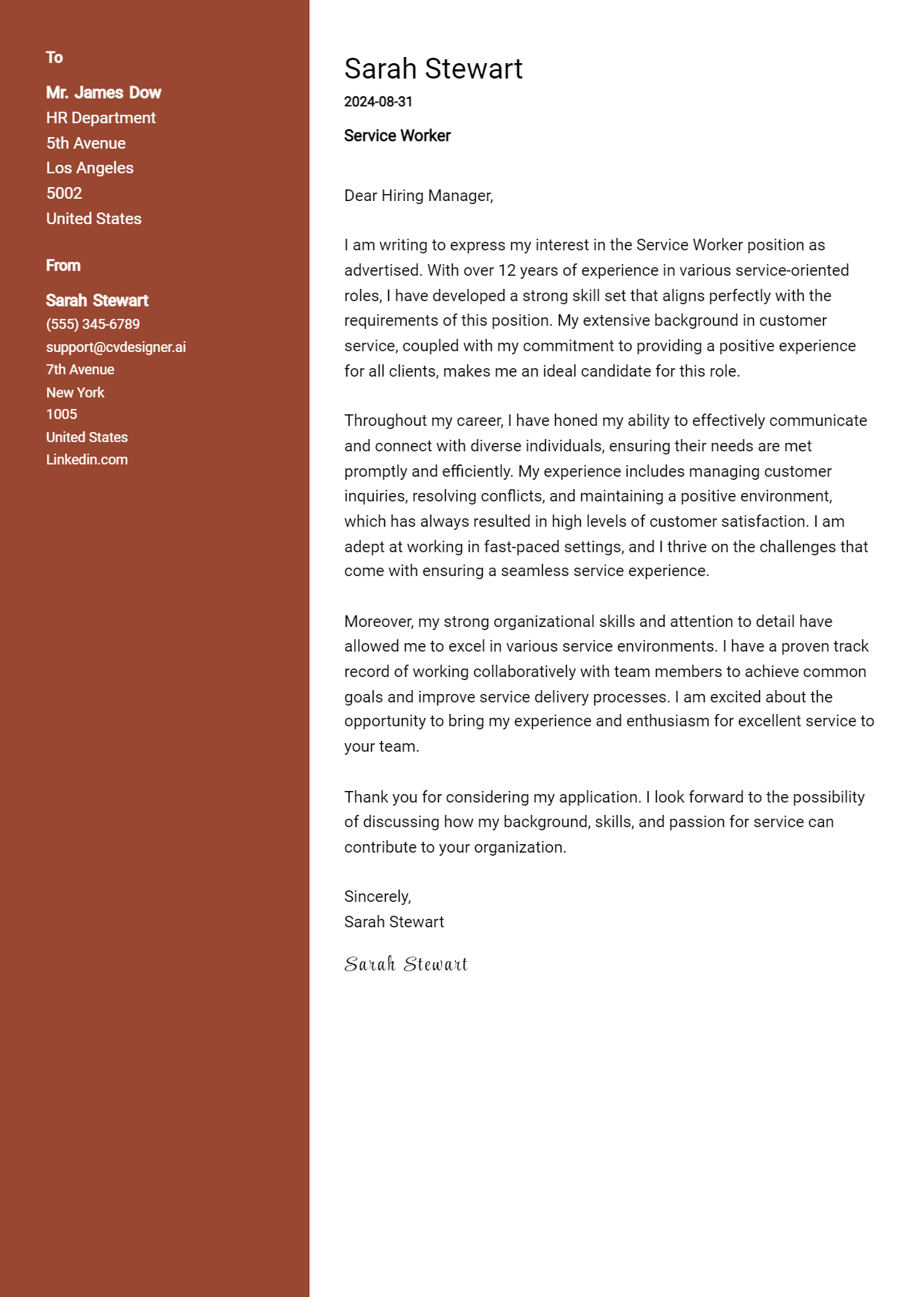 Service Worker Cover Letter Example for 2026 (Free Templates) Preview