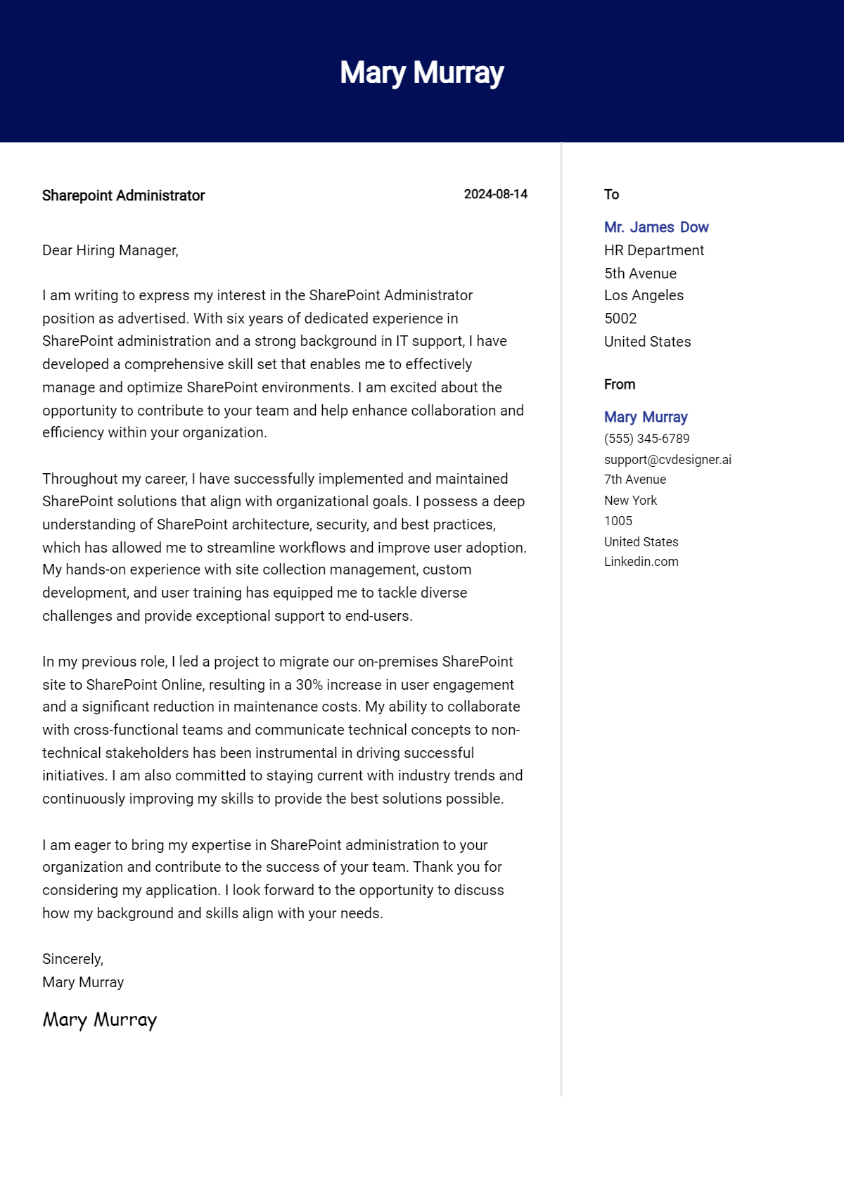 Sharepoint Administrator Cover Letter Example for 2026: Free Templates Preview