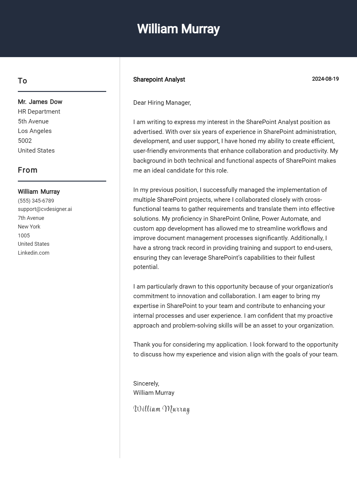 Sharepoint Analyst Cover Letter Example for 2026: Tips & Templates Preview