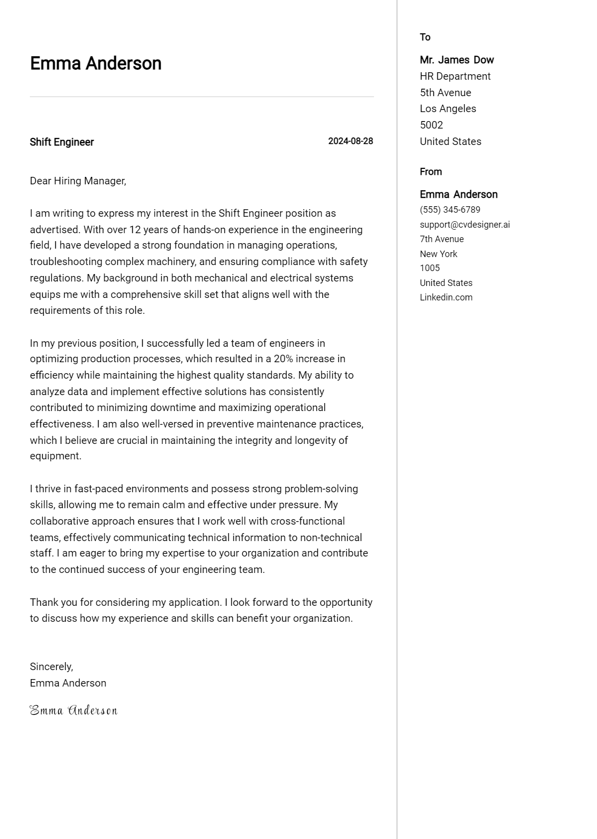 Shift Engineer Cover Letter Example for 2026: Expert Tips & Templates Preview