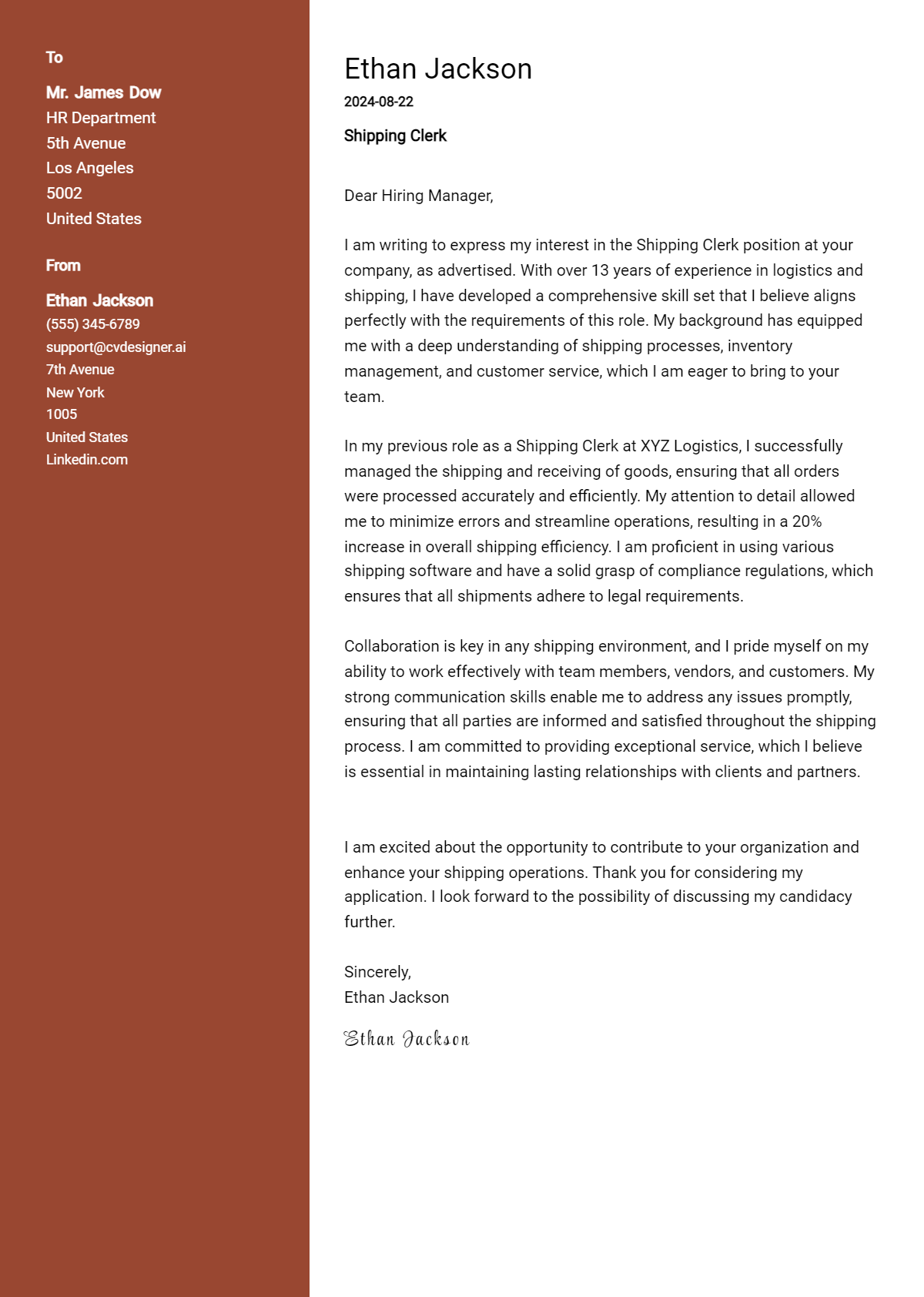 Shipping Clerk Cover Letter Example for 2026 (Download Templates) Preview