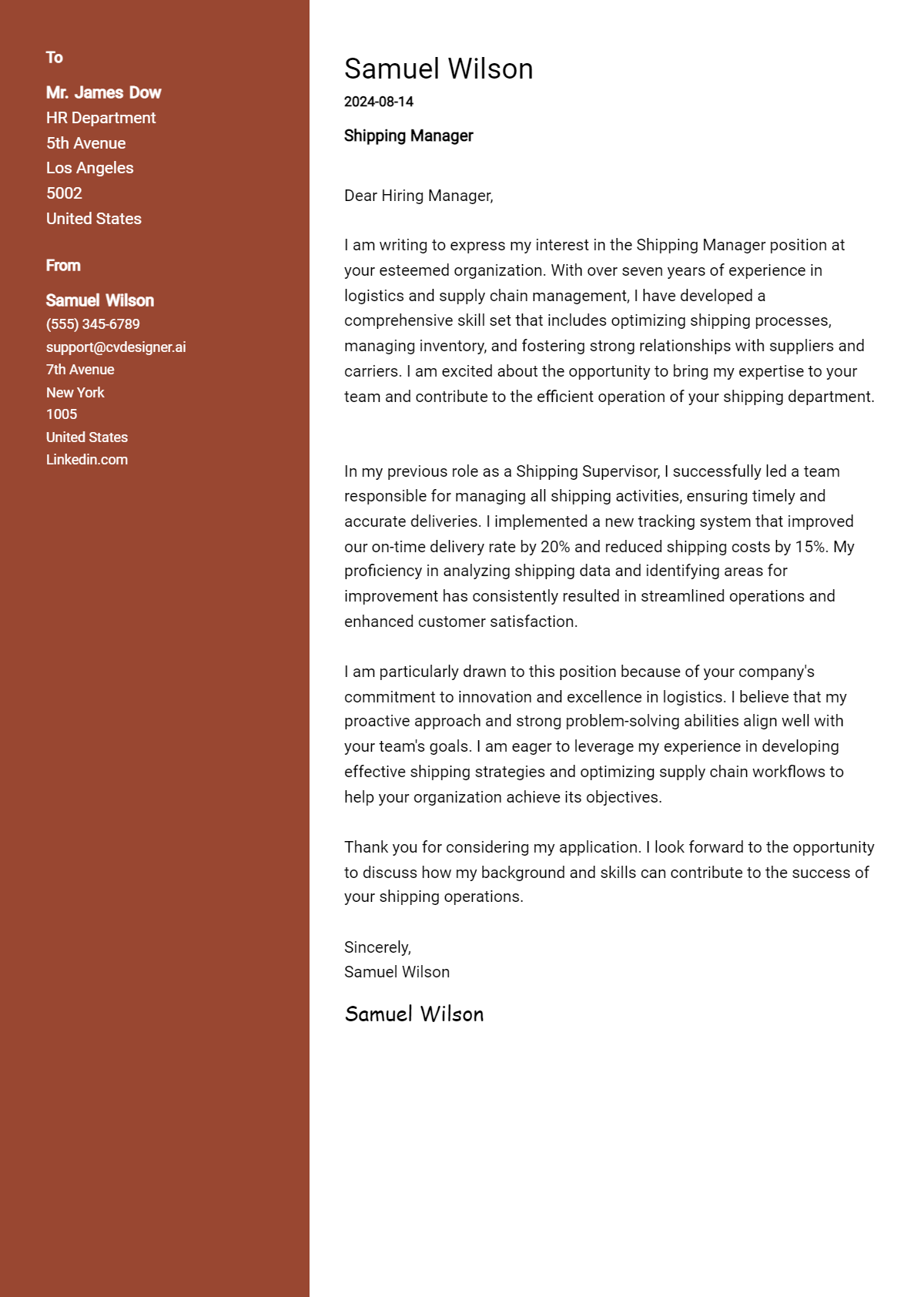 Shipping Manager Cover Letter Example for 2026 (Free Templates) Preview