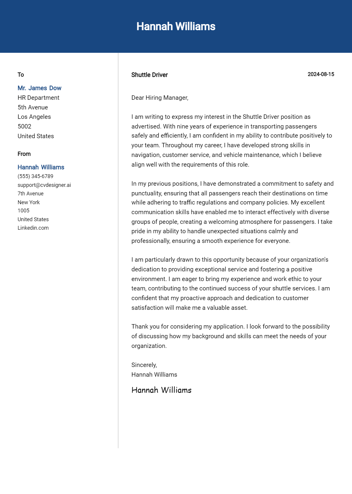 Shuttle Driver Cover Letter Examples & Samples for 2026 Preview