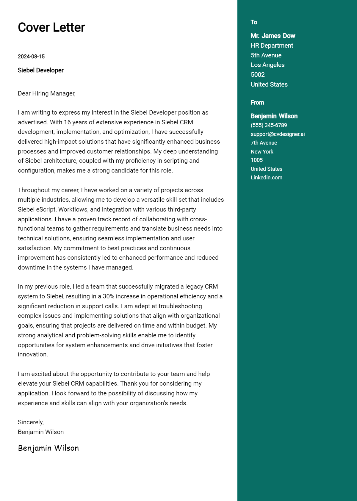 Siebel Developer Cover Letter Examples & Samples for 2026 Preview