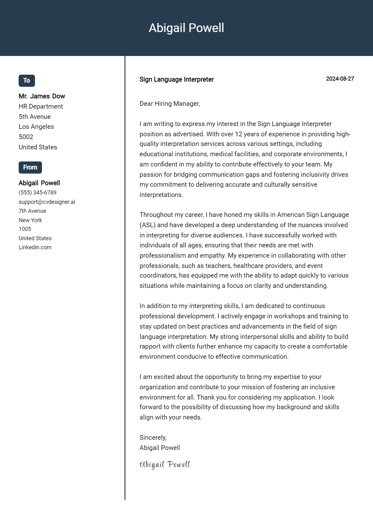 Sign Language Interpreter Cover Letter Examples for 2026 (Downloadable) Preview