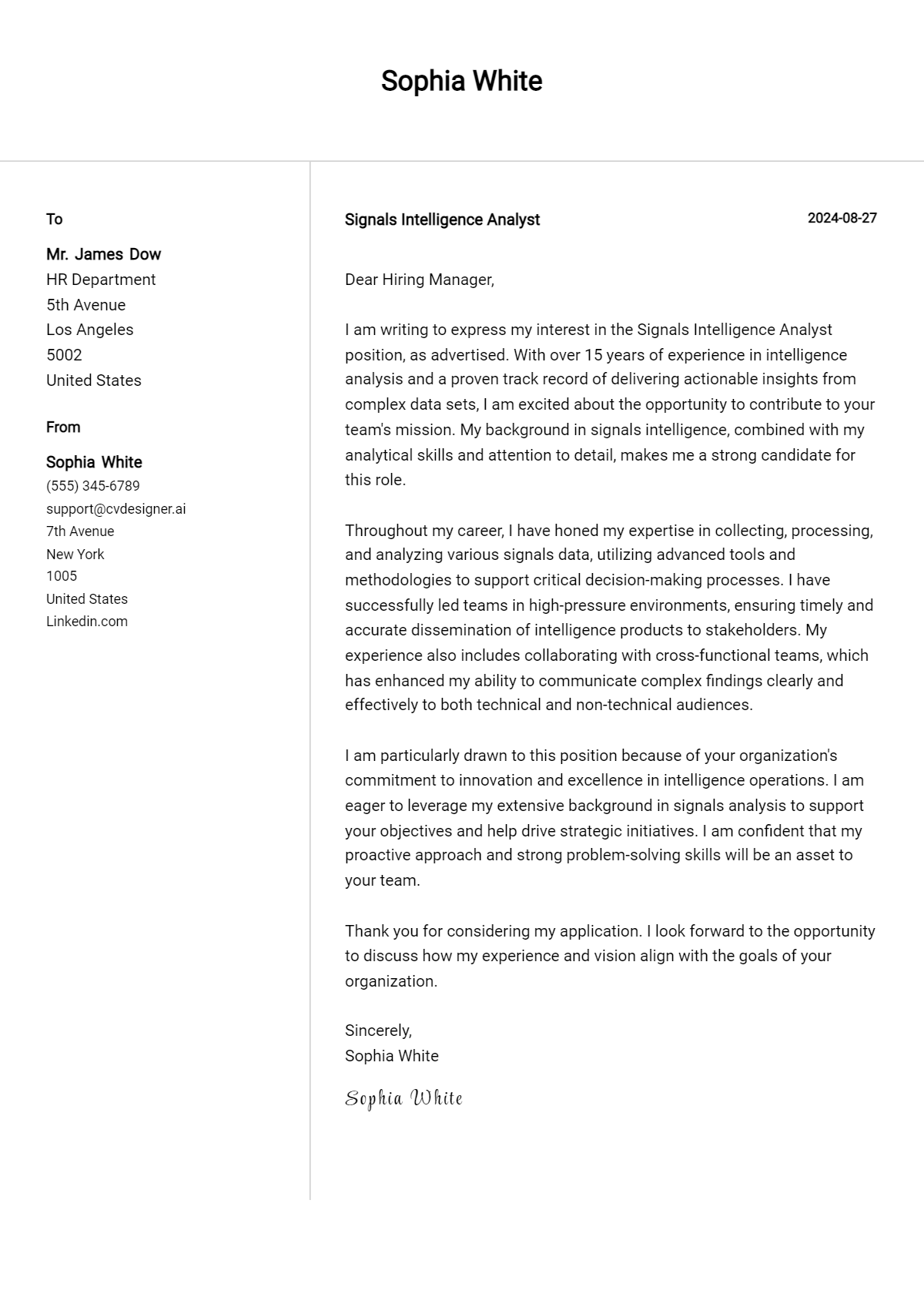 Signals Intelligence Analyst Cover Letter Example for 2026 (Complete Writing Guide) Preview