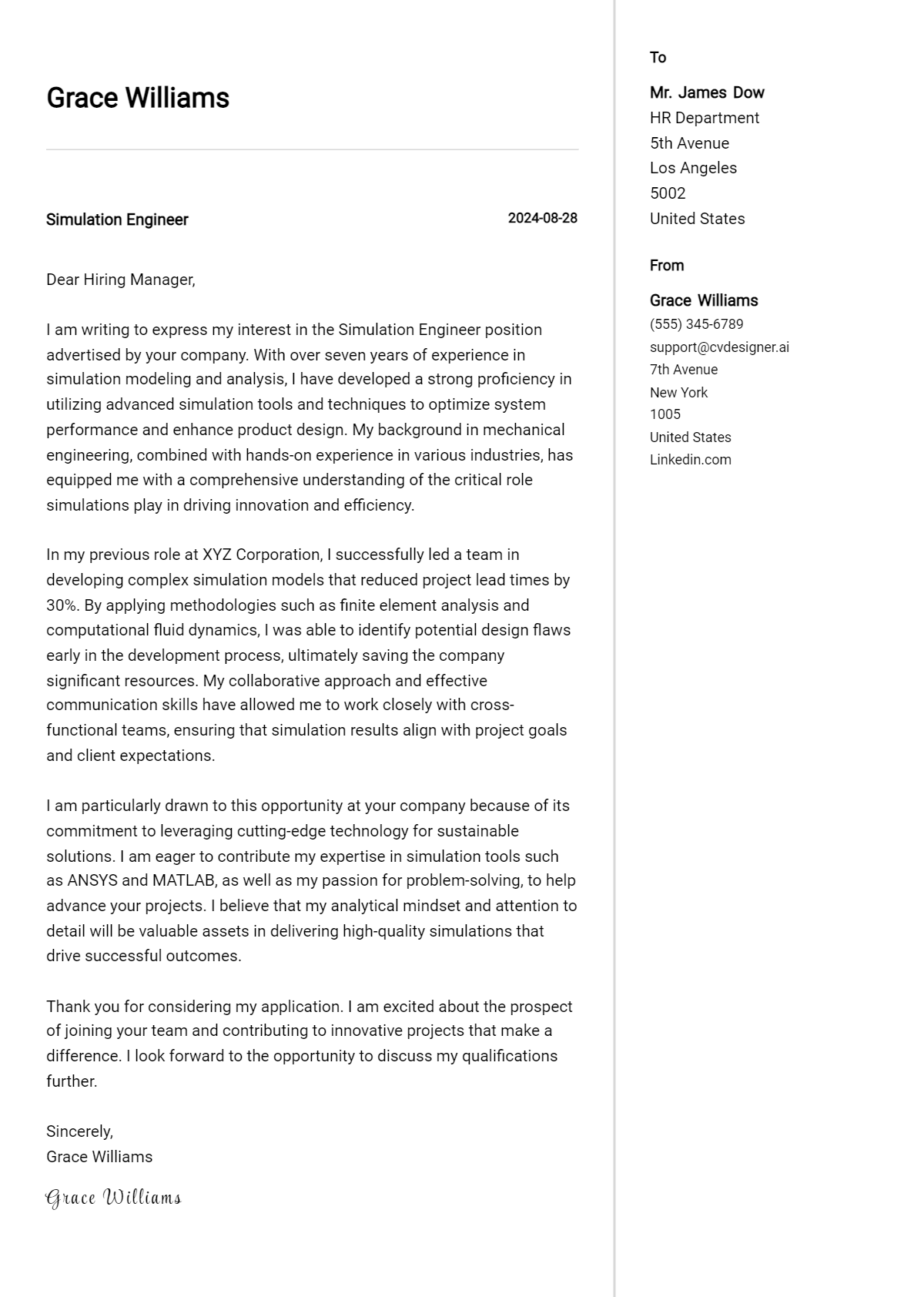Simulation Engineer Cover Letter Examples for 2026 (Downloadable) Preview