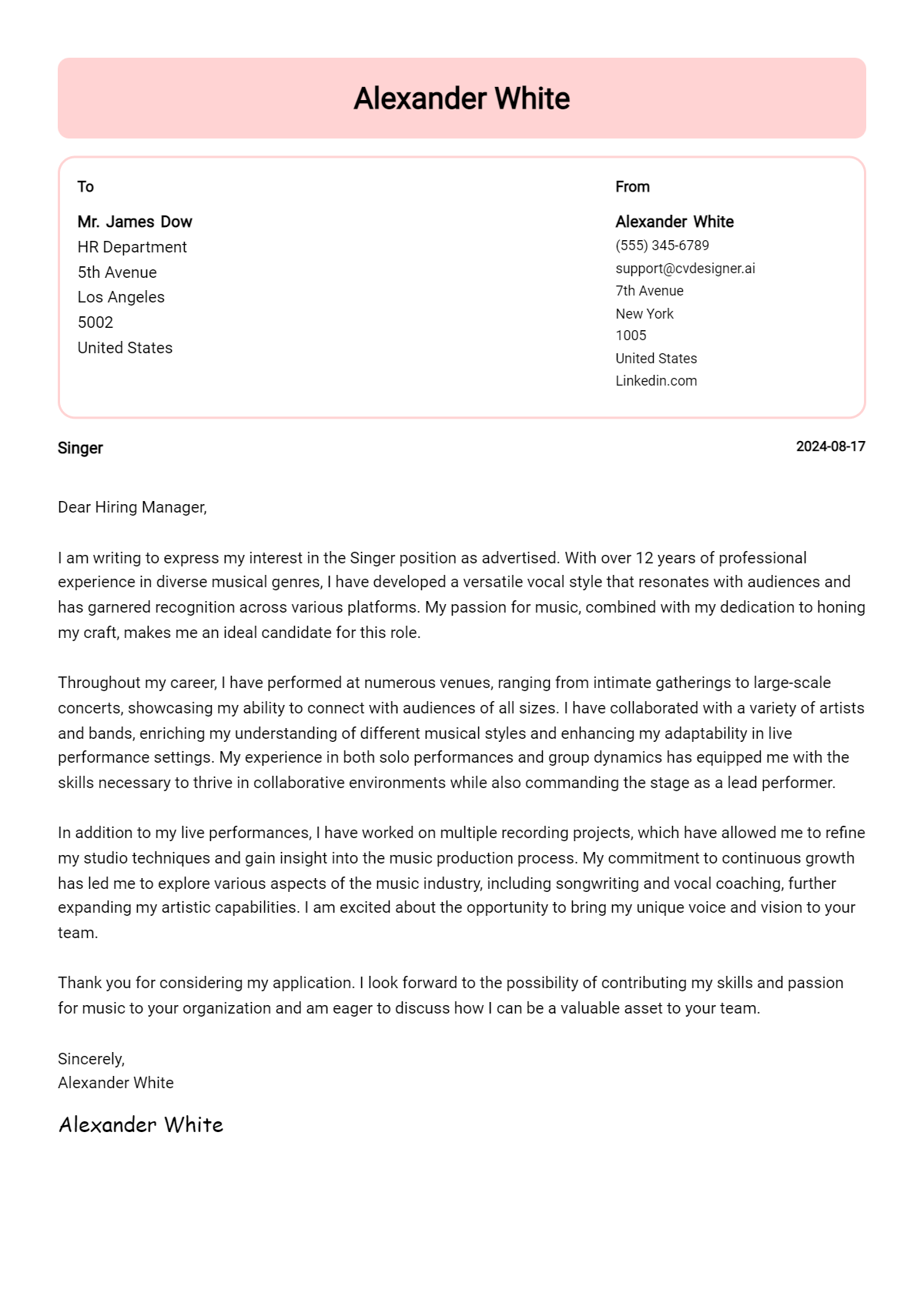 Singer Cover Letter Examples & Samples for 2026 Preview