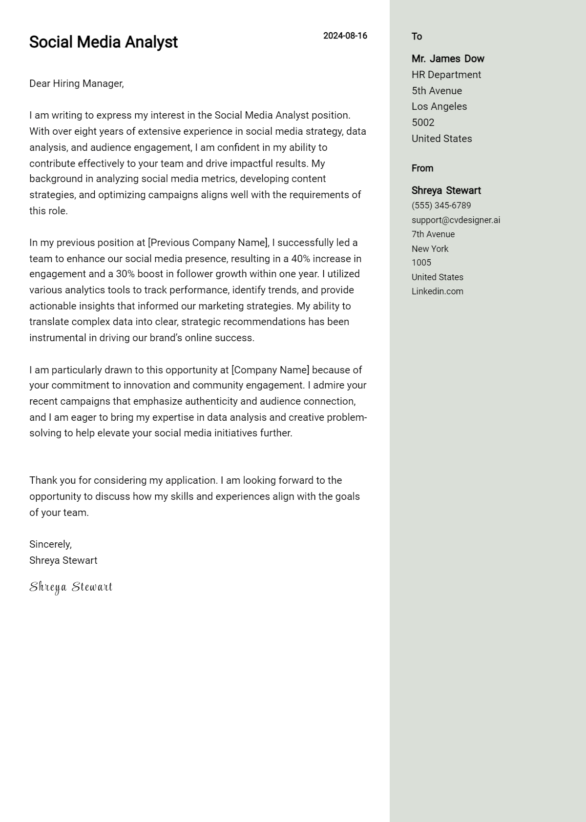 Social Media Analyst Cover Letter Examples for 2026 (Downloadable) Preview