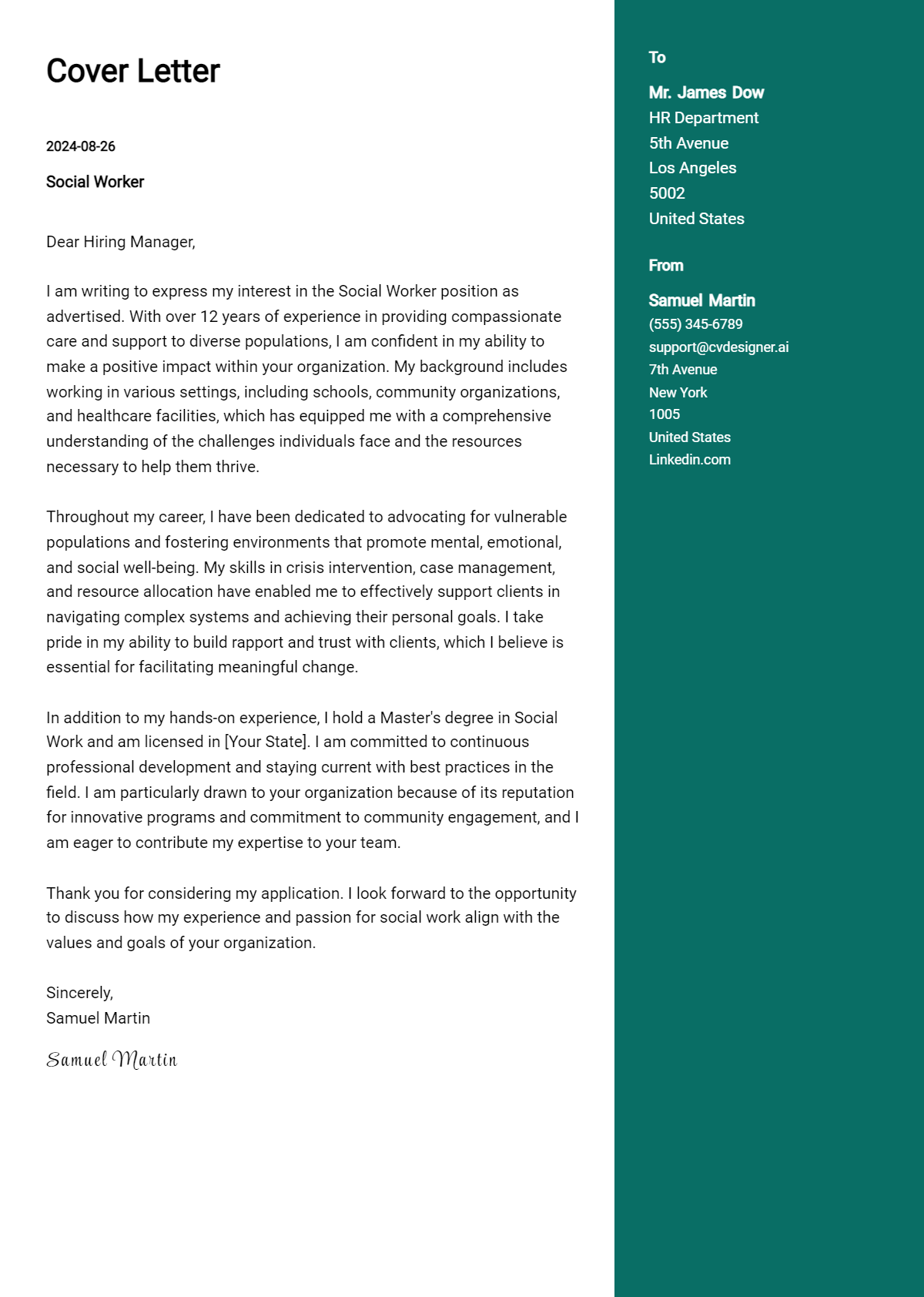 Social Worker Cover Letter Example for 2026 (Free Templates) Preview