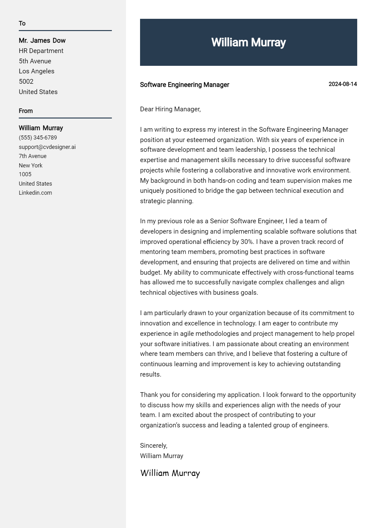 Software Engineering Manager Cover Letter Samples & Examples 2026 Preview