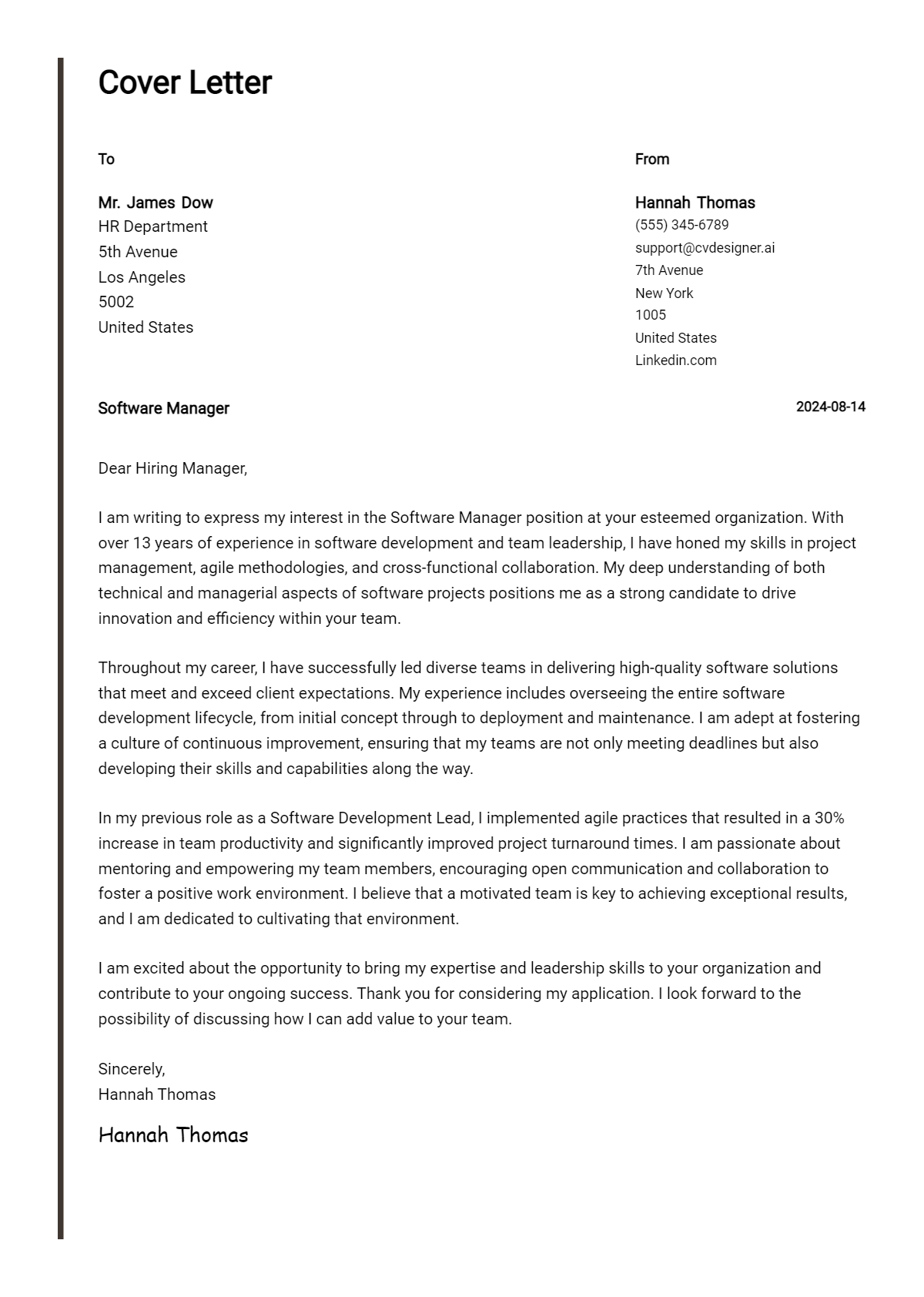 Software Manager Cover Letter Example for 2026: Top CV Skills Preview