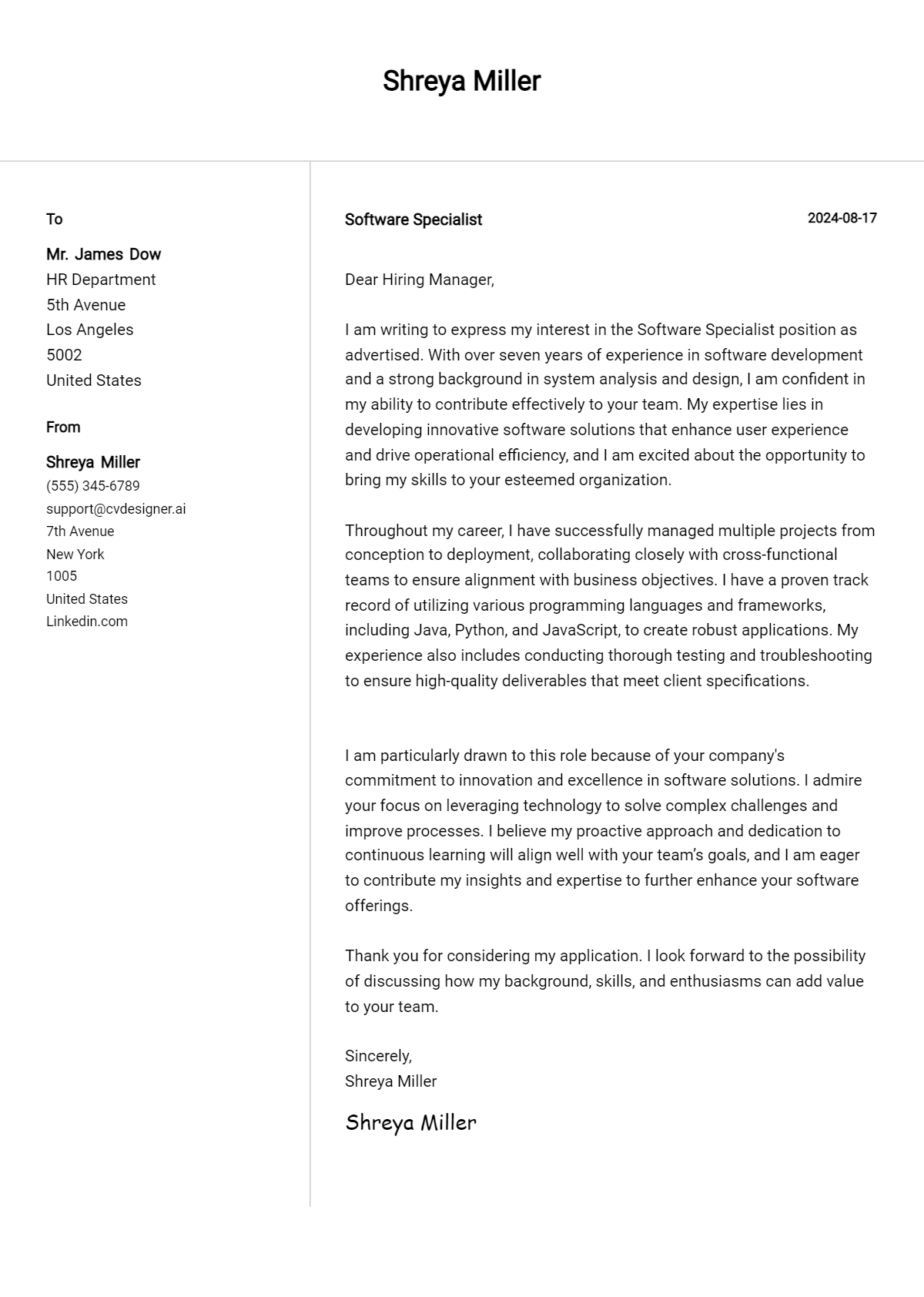 18 Software Specialist Cover Letter Examples for 2026 (Writing Guide) Preview