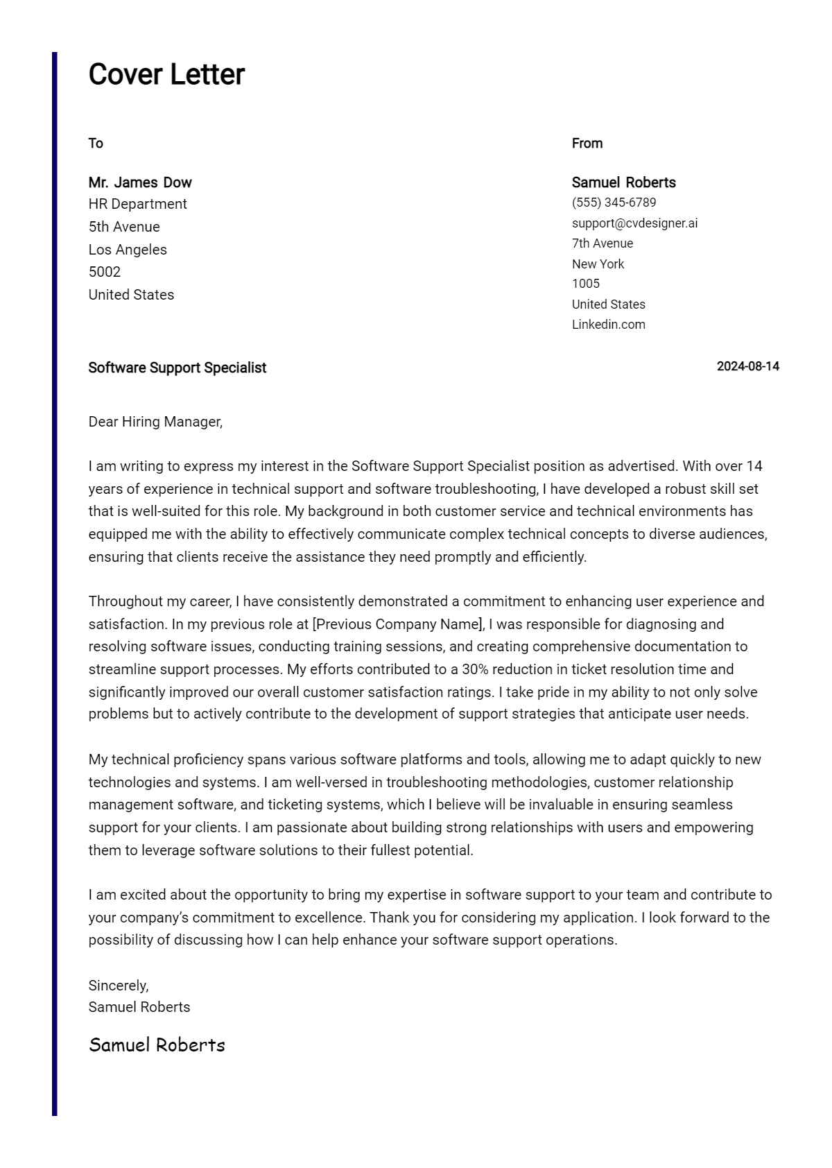 Software Support Specialist Cover Letter Example for 2026 (Writing Guide) Preview