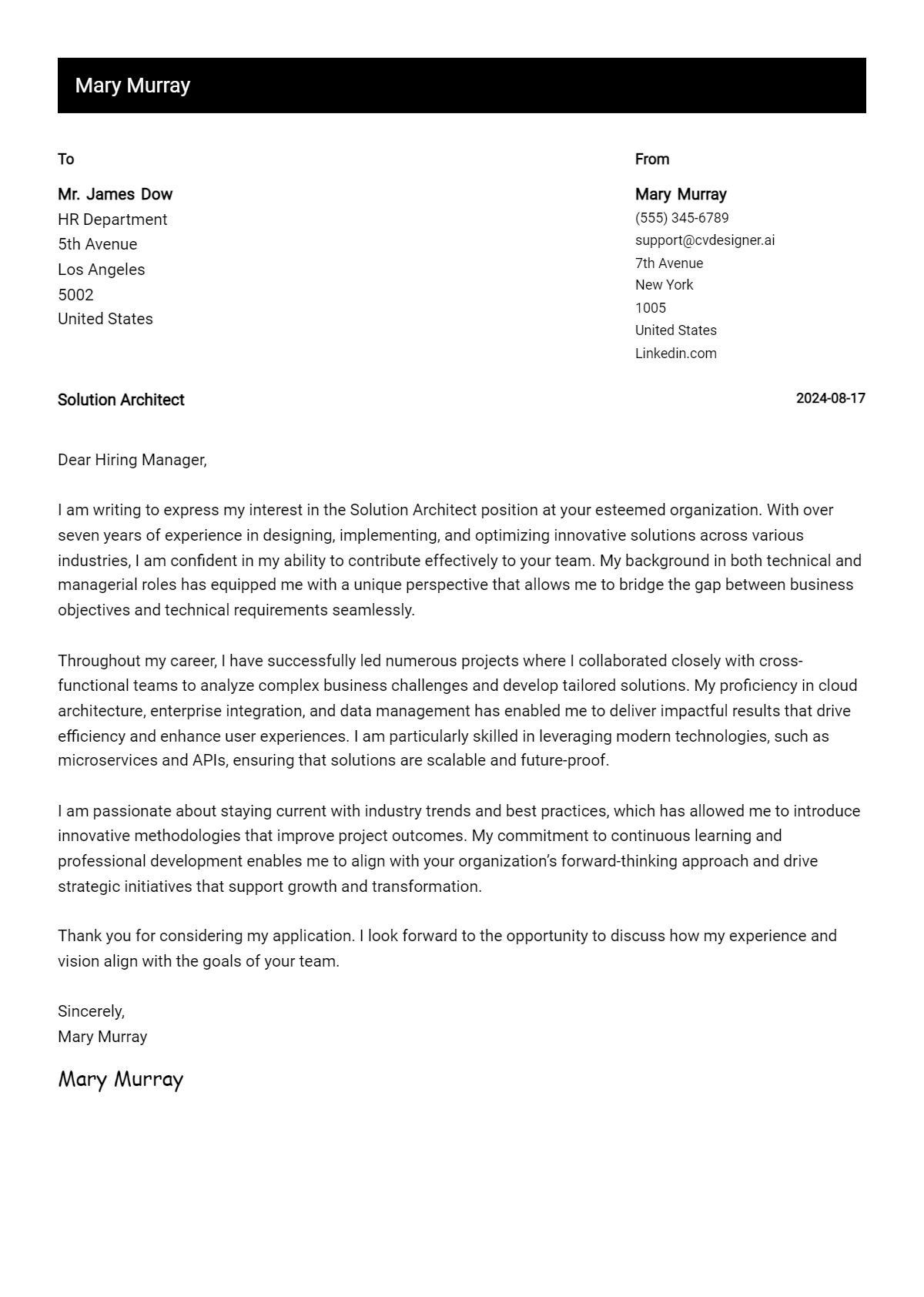 Solution Architect Cover Letter Example for 2026 (Complete Writing Guide) Preview
