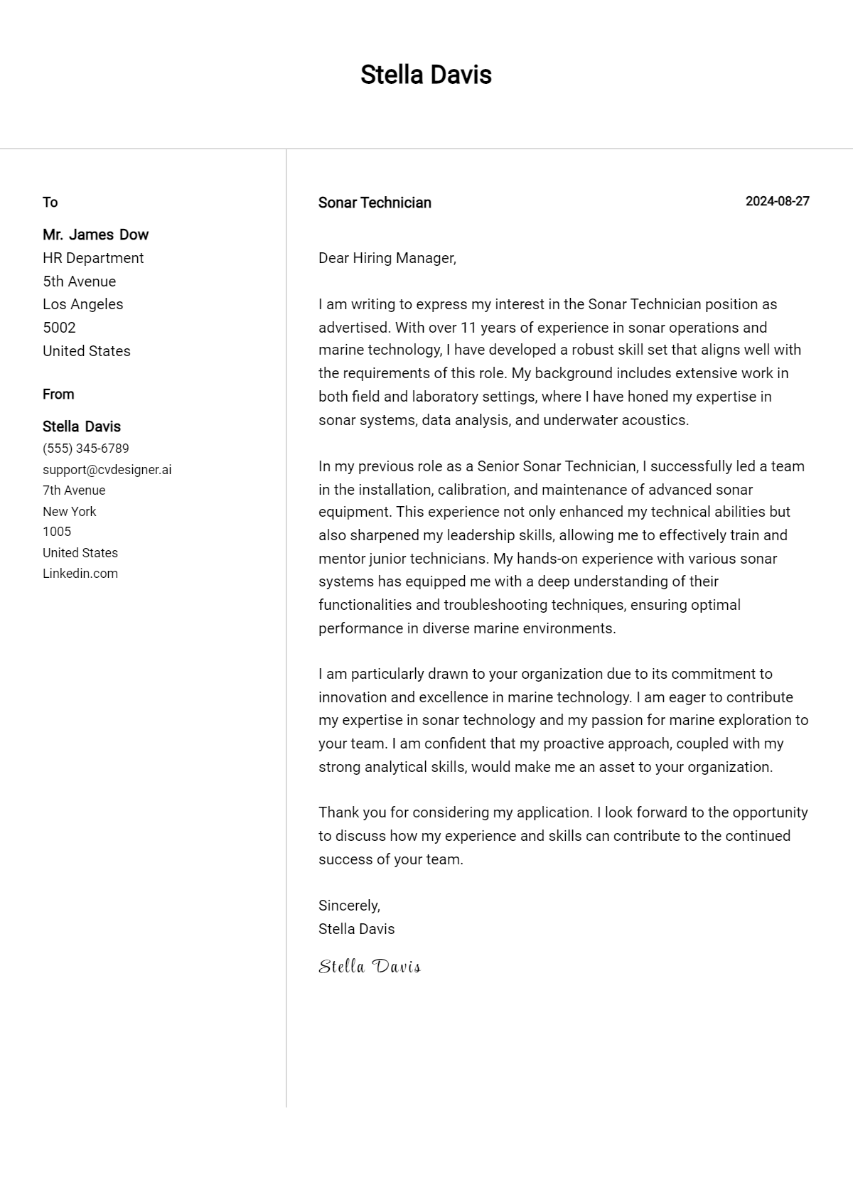 Sonar Technician Cover Letter Example for 2026 (Free Templates) Preview