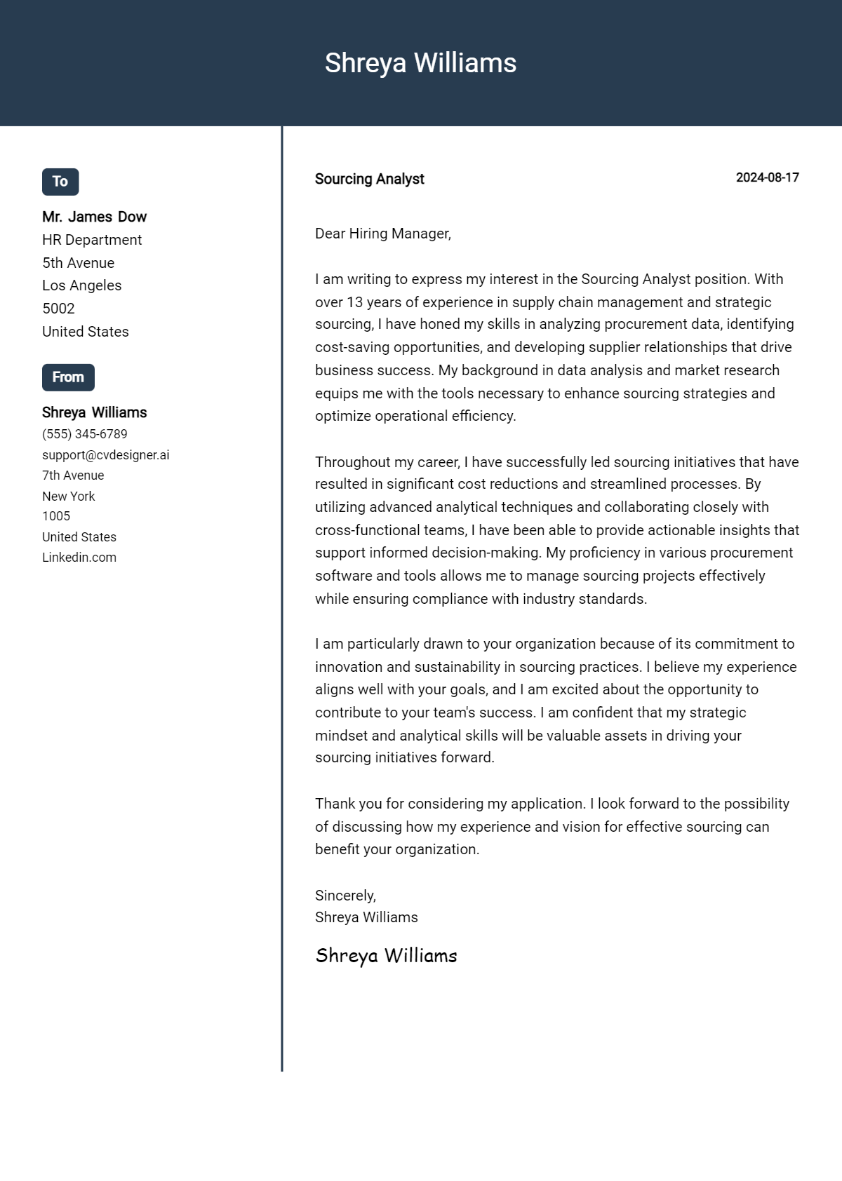 Sourcing Analyst Cover Letter Samples & Examples 2026 Preview