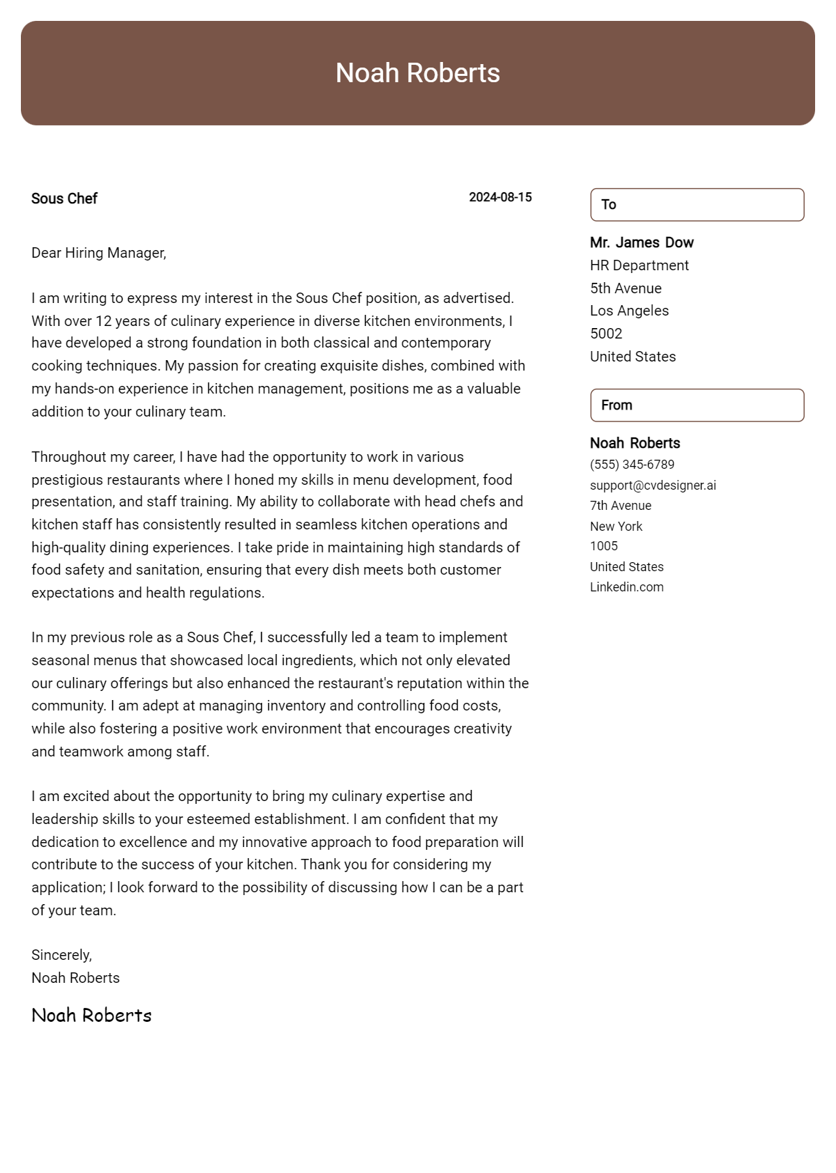 Sous Chef Cover Letter Example for 2026: Free Templates Preview