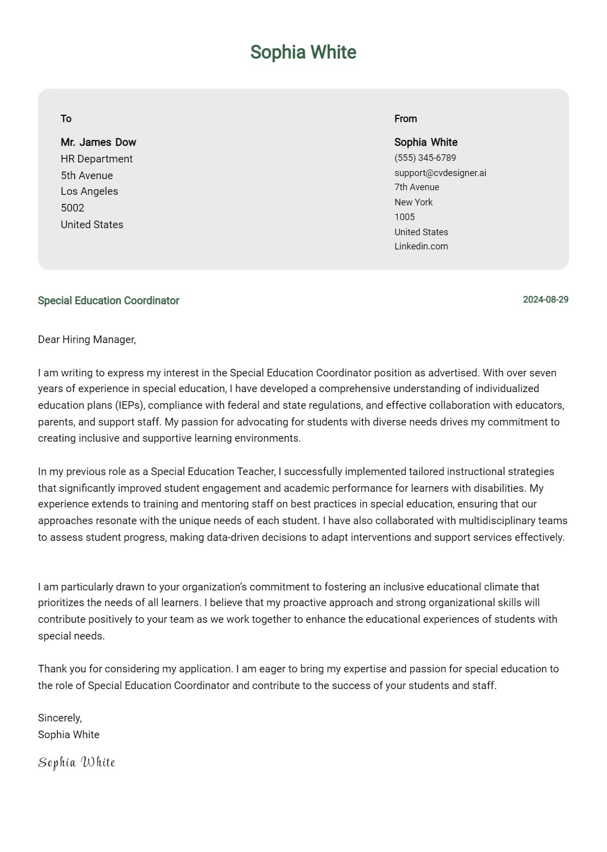 Special Education Coordinator Cover Letter Example for 2026 (Writing Guide) Preview