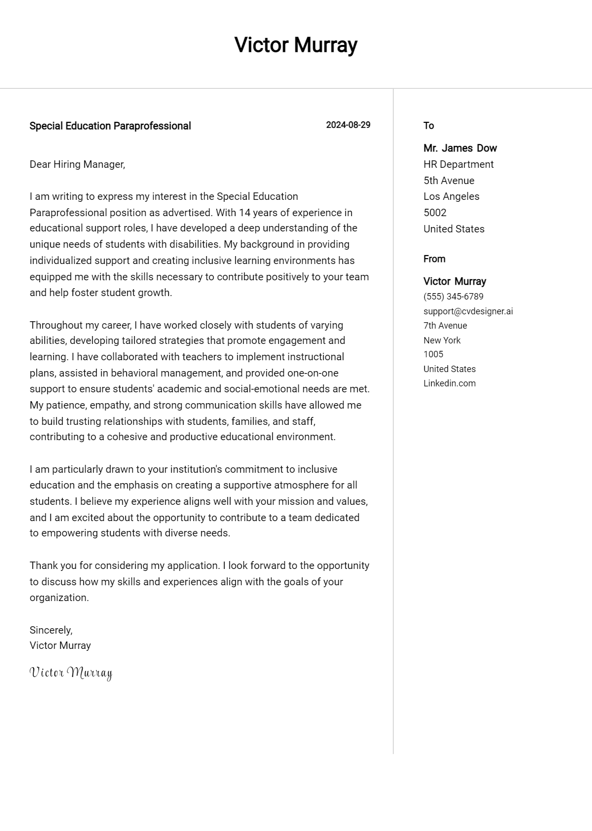 Special Education Paraprofessional Cover Letter Examples and Templates for 2026 Preview