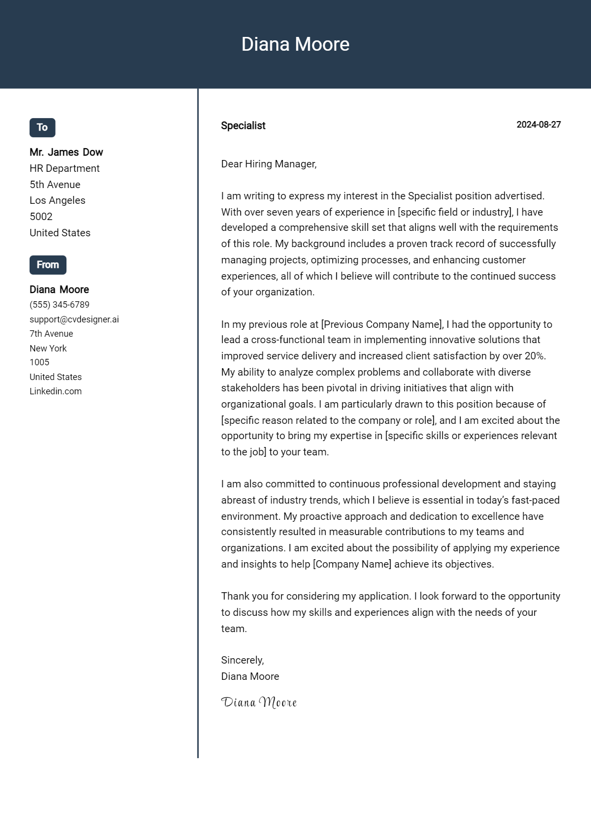 Specialist Cover Letter Example for 2026: Top CV Skills Preview