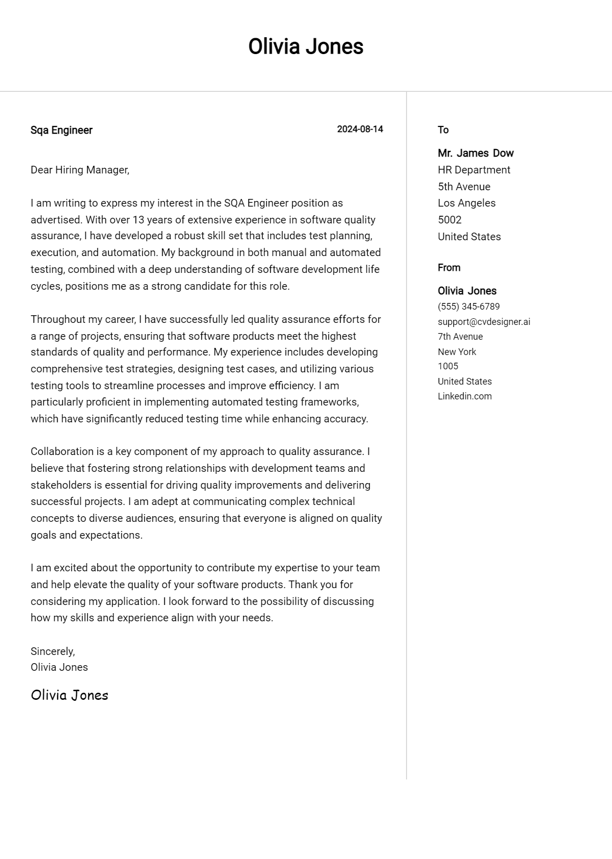 Sqa Engineer Cover Letter Examples and Templates for 2026 Preview