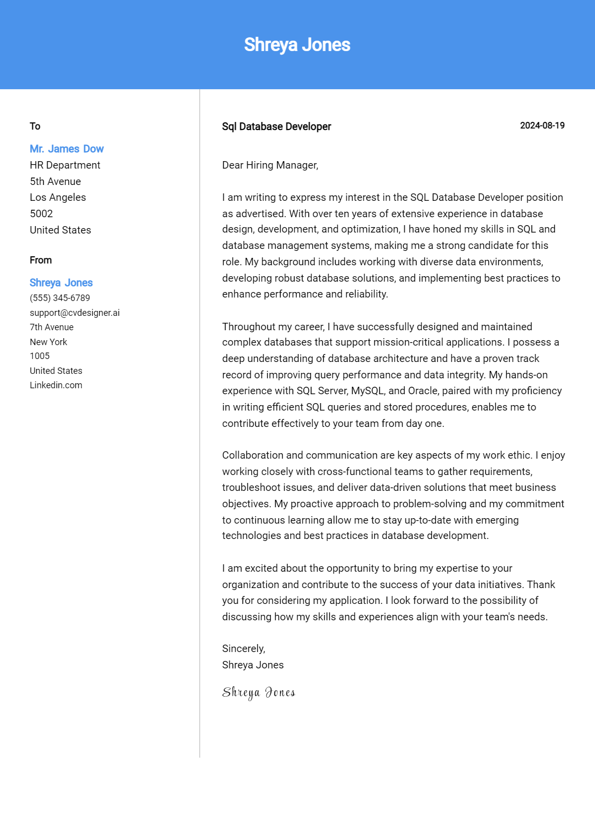 7 SQL Database Developer Cover Letter Example for 2026: Ultimate Guide Preview
