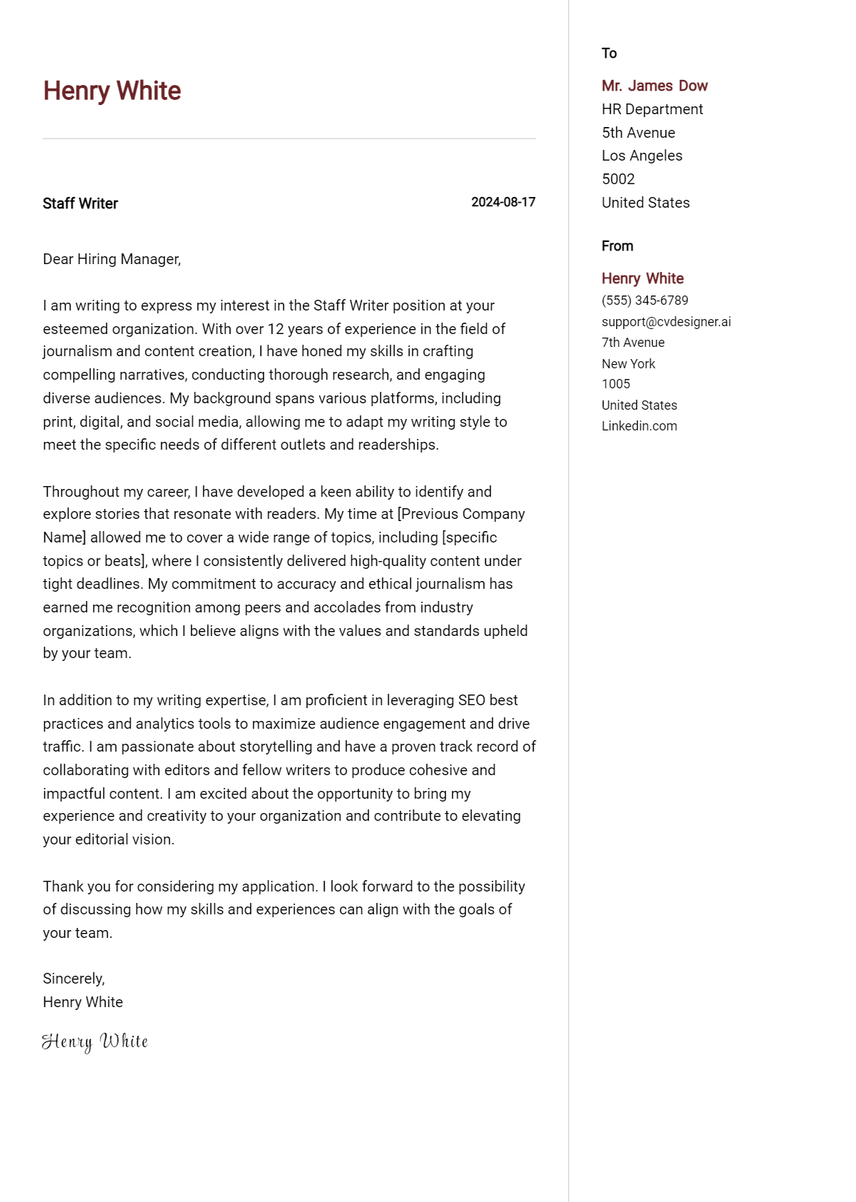 Staff Writer Cover Letter Samples & Examples 2026 Preview