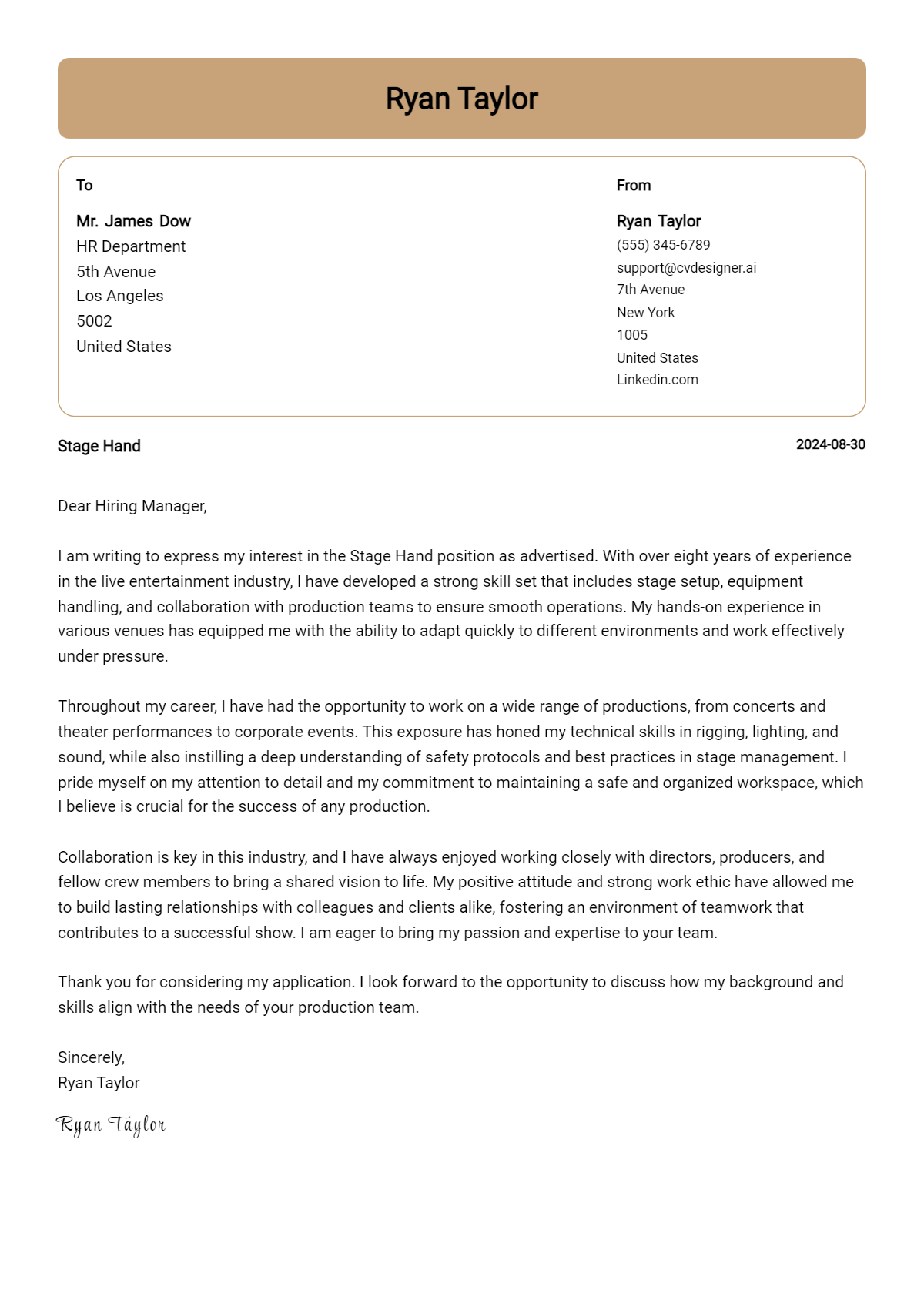 Stage Hand Cover Letter Example for 2026: Free Templates Preview