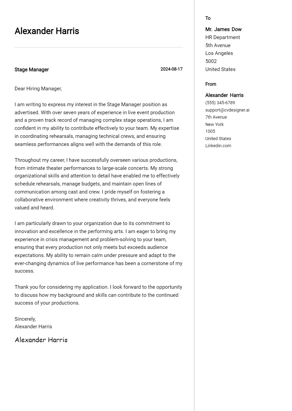 Stage Manager Cover Letter Example for 2026: Top CV Skills Preview