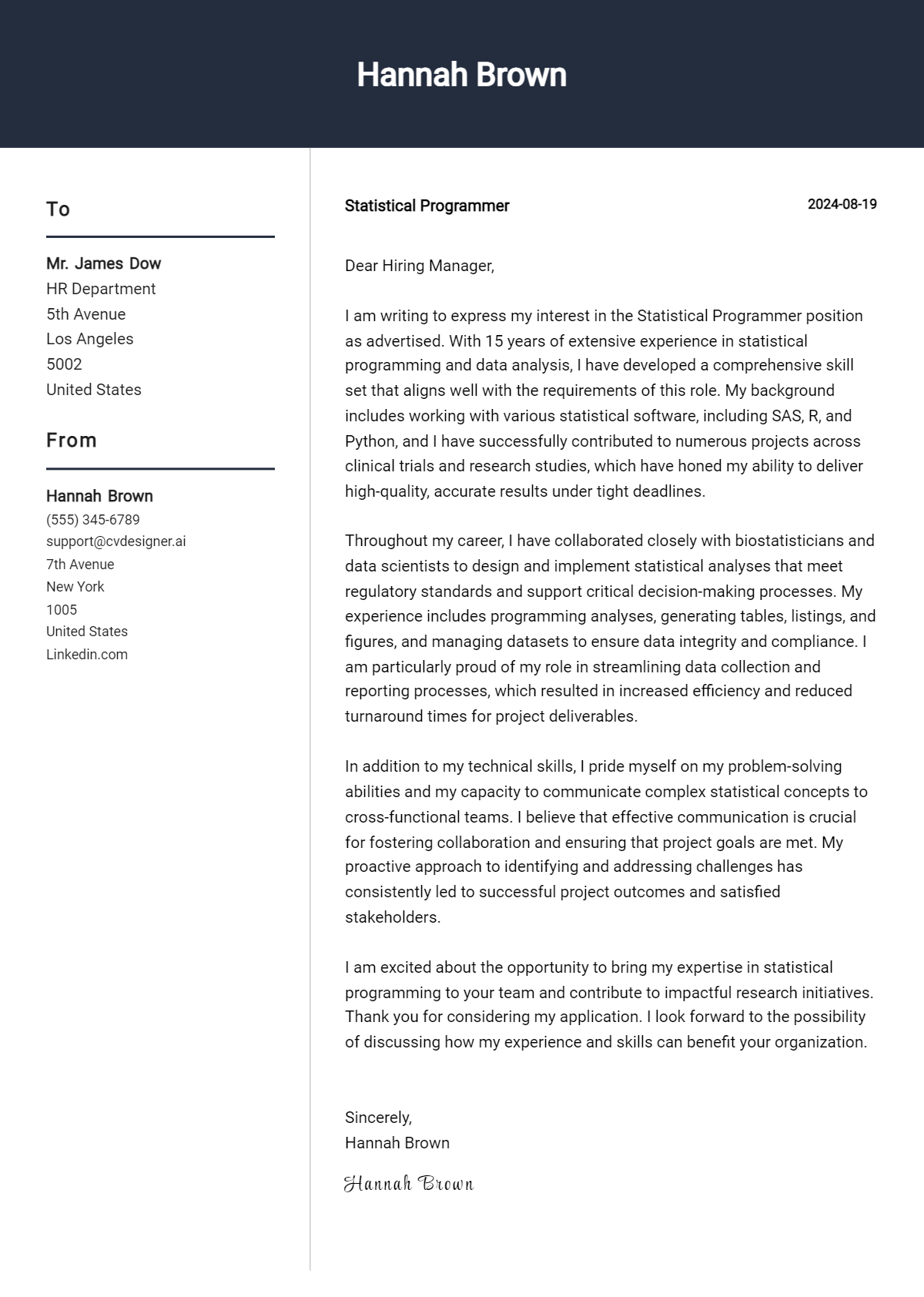 Statistical Programmer Cover Letter Example for 2026: Expert Tips & Templates Preview