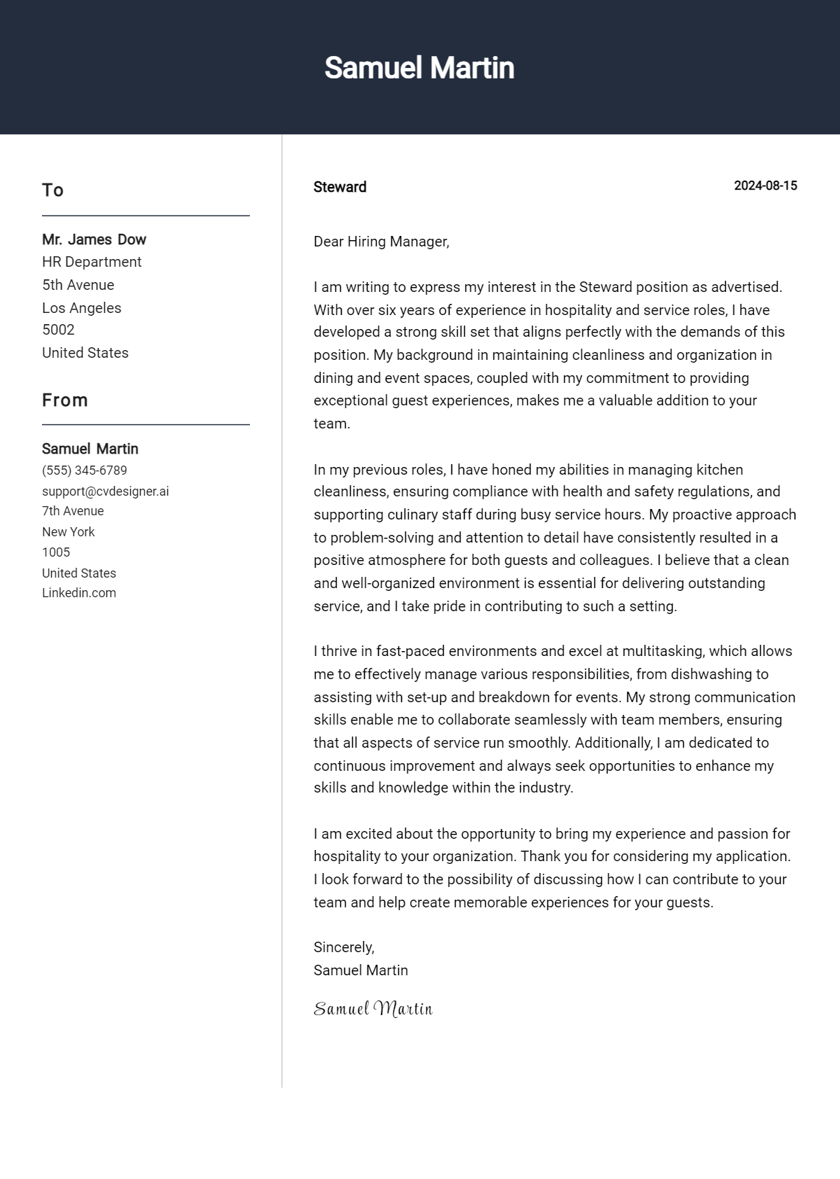 Steward Cover Letter Example for 2026 (Complete Writing Guide) Preview