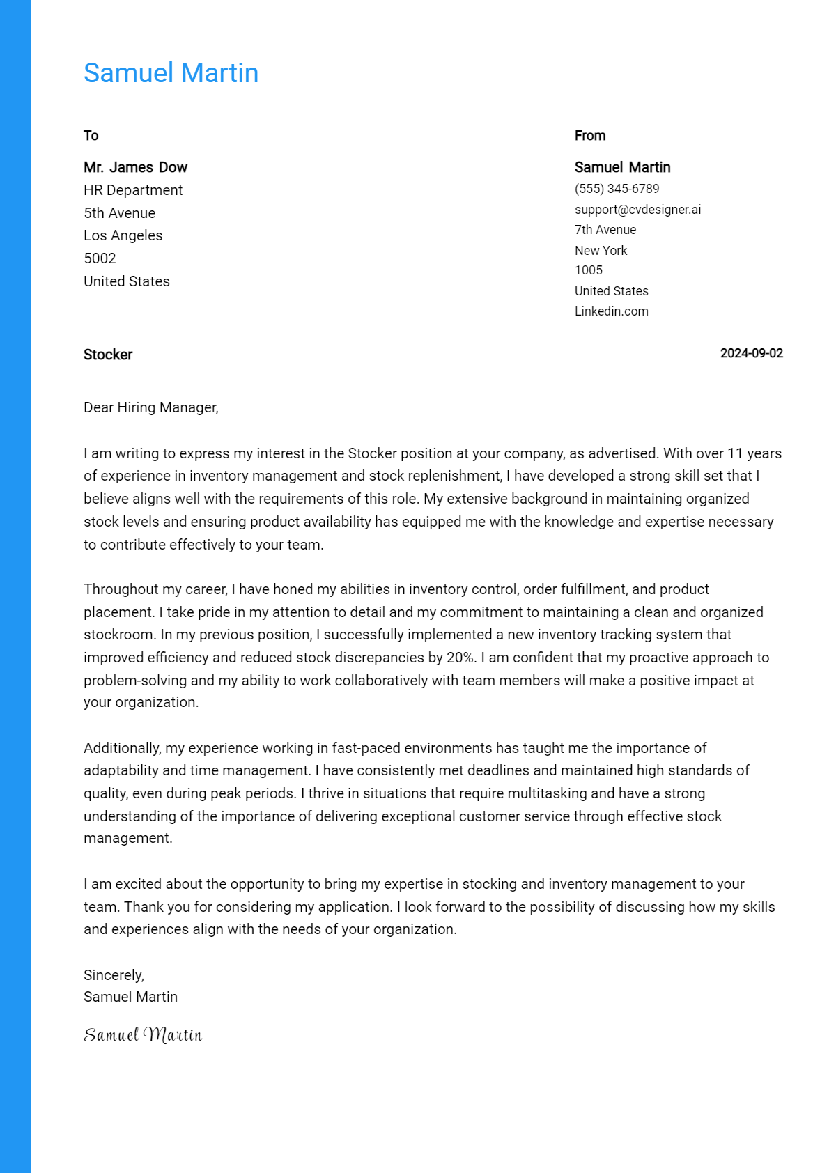 Stocker Cover Letter Example for 2026 (Free Templates) Preview