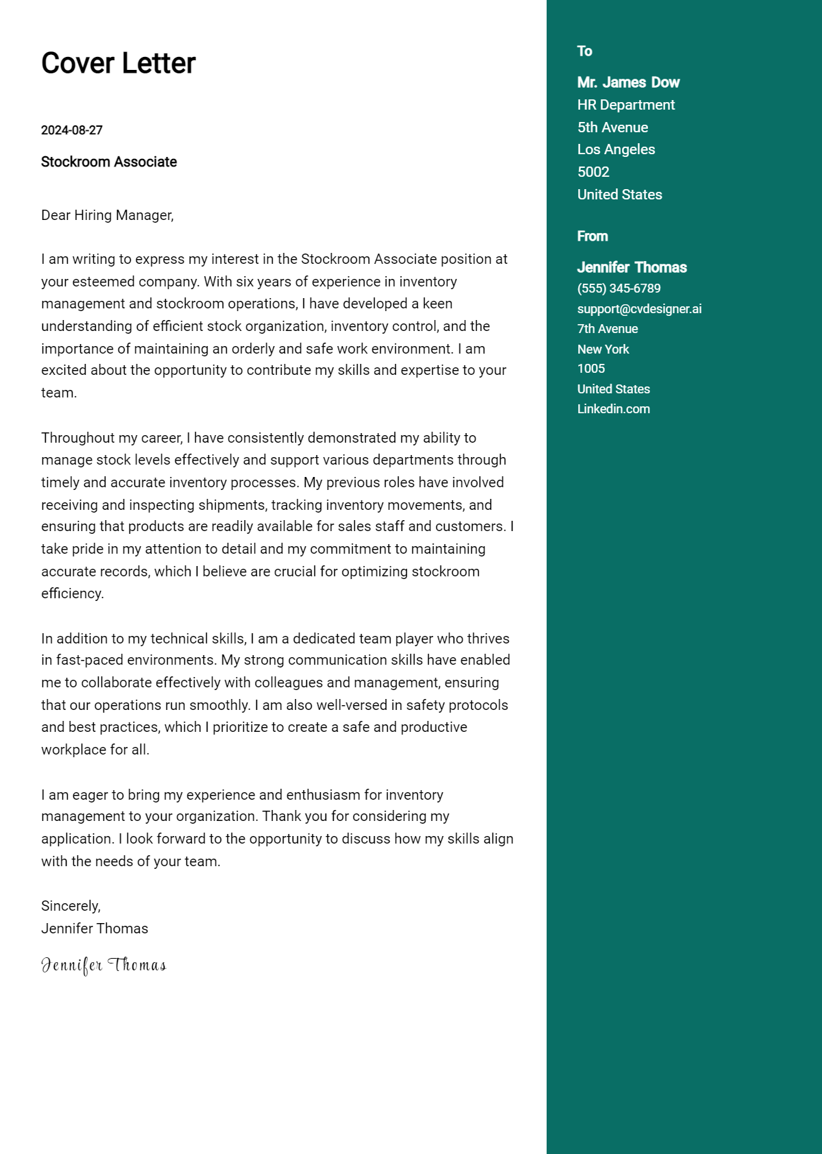 Stockroom Associate Cover Letter Example for 2026: Free Templates Preview