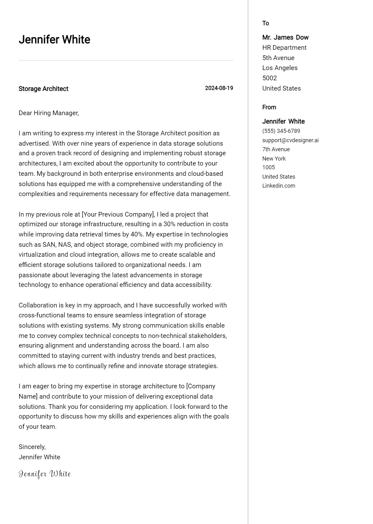 Storage Architect Cover Letter Example for 2026 (Writing Guide) Preview