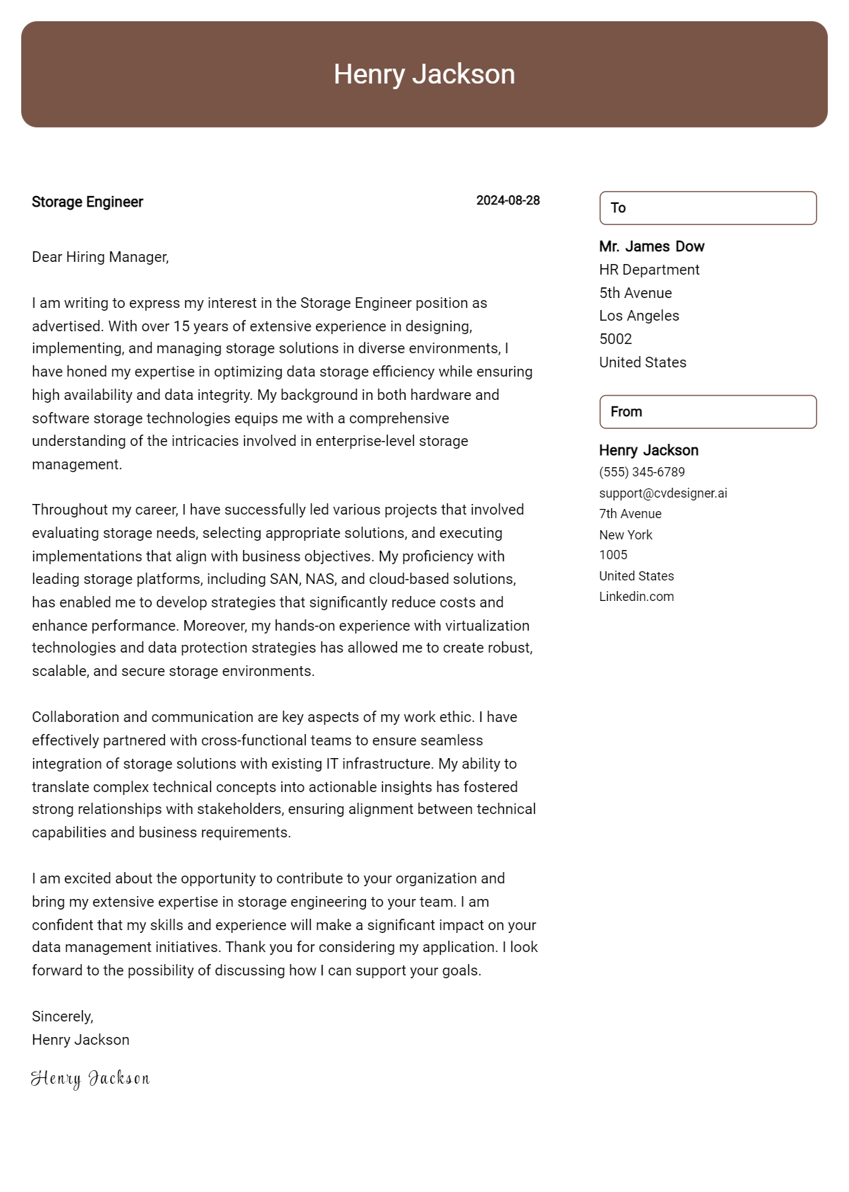 Storage Engineer Cover Letter Samples & Examples 2026 Preview